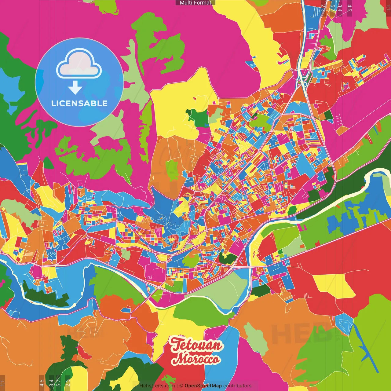 Tetouan, Morocco Crazy Colorful Street Map Poster Template