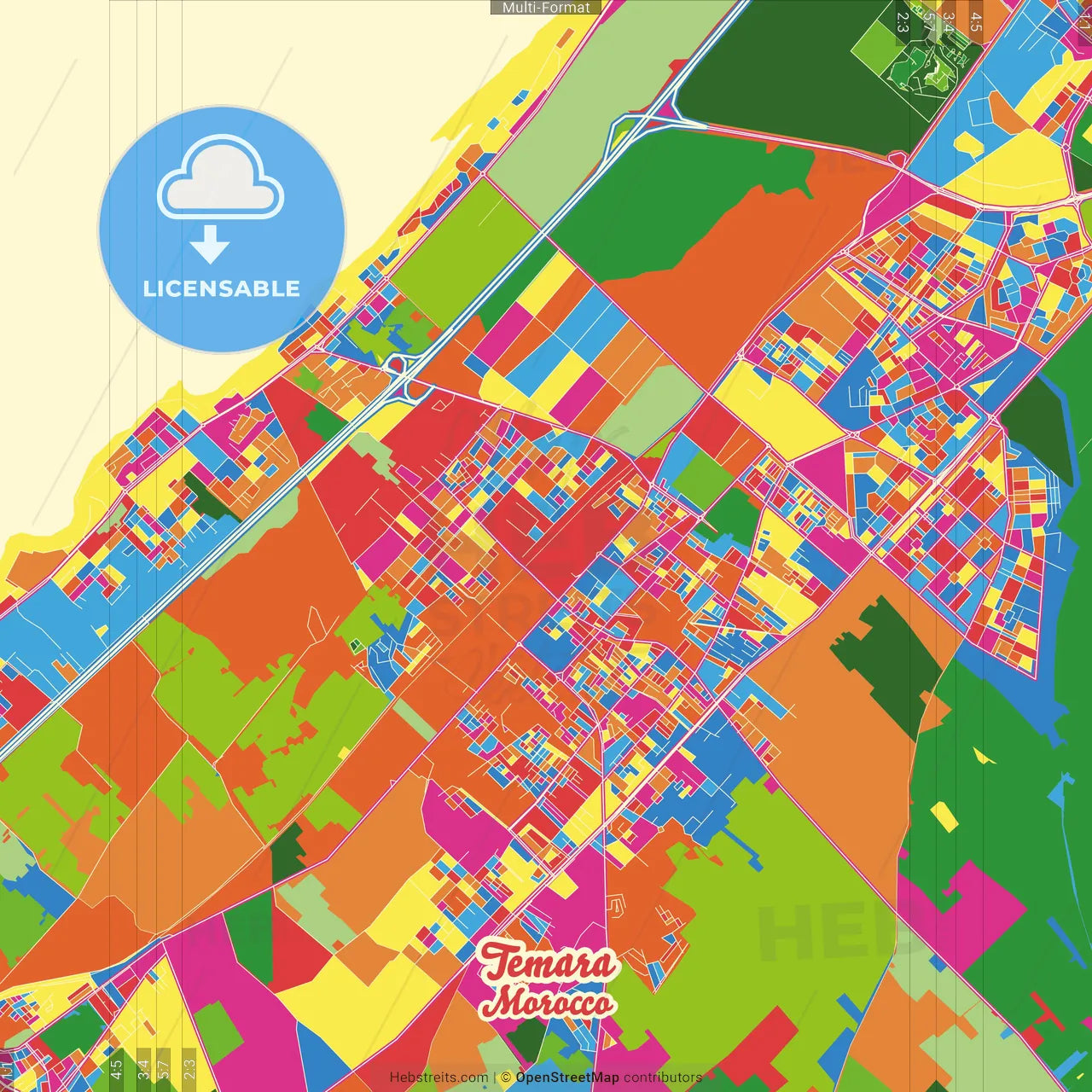 Temara, Morocco Crazy Colorful Street Map Poster Template