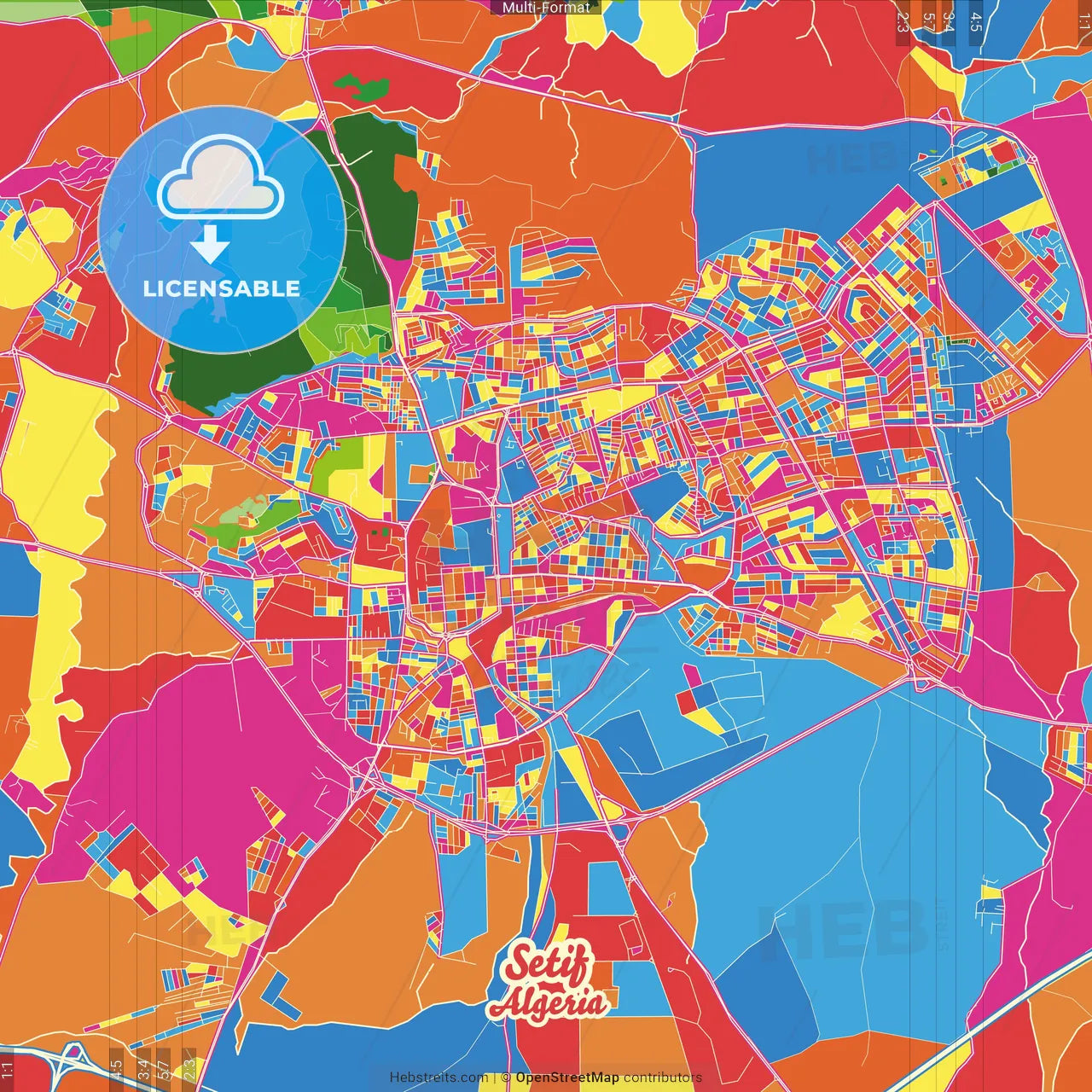 Setif, Algeria Crazy Colorful Street Map Poster Template