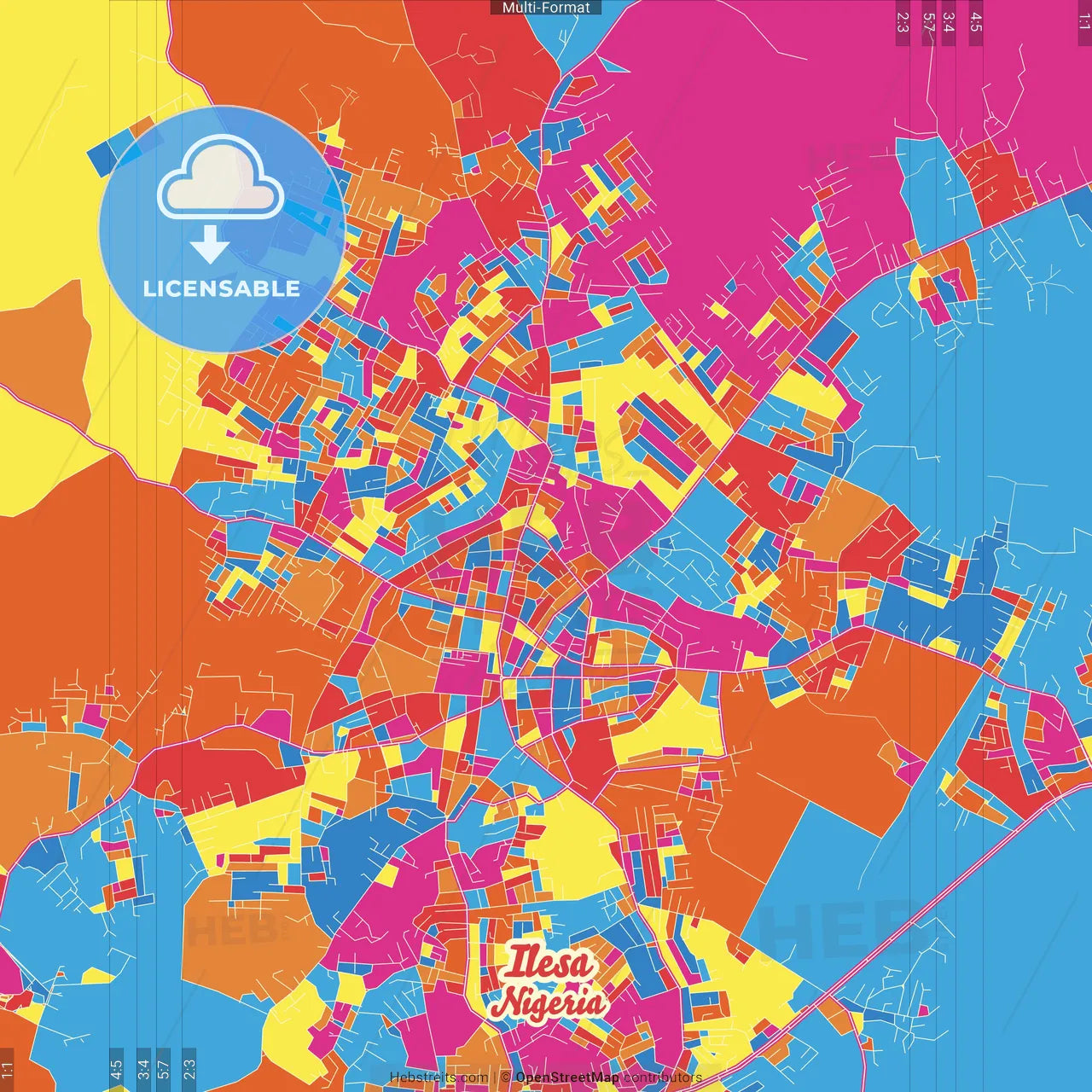 Ilesa, Nigeria Crazy Colorful Street Map Poster Template