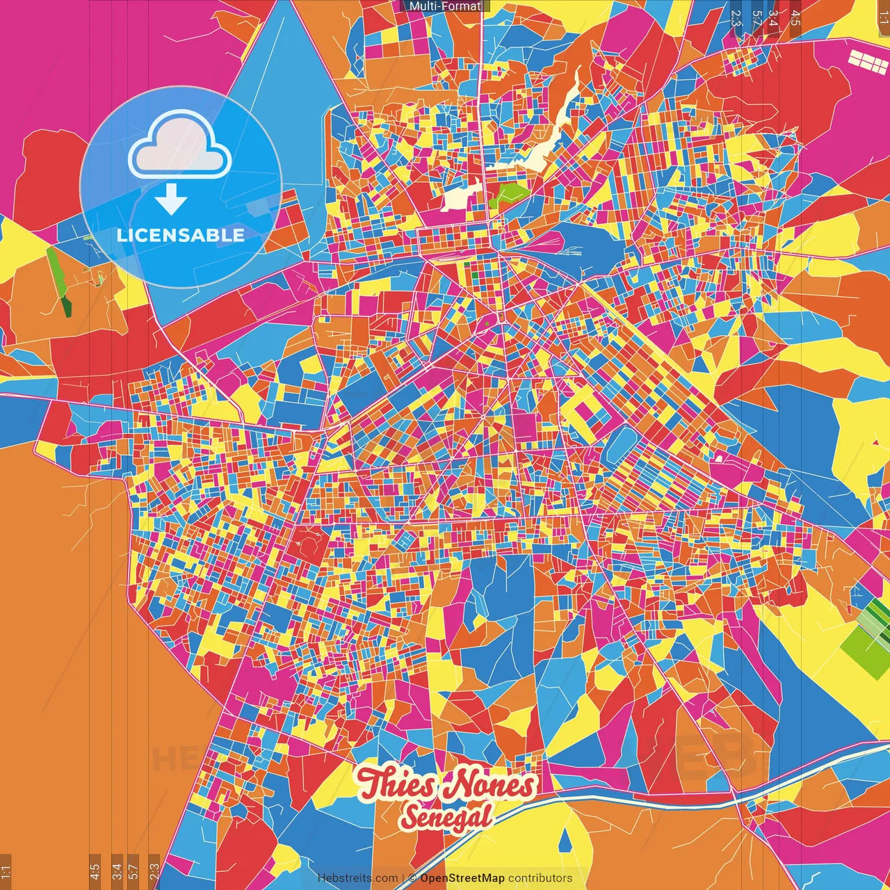 Thies Nones, Senegal Crazy Colorful Street Map Poster Template