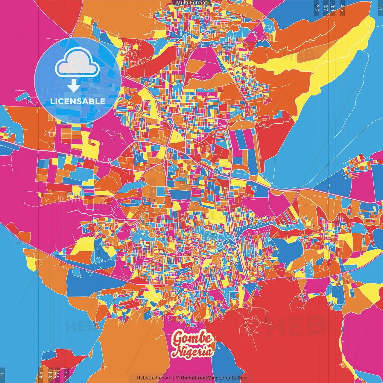 Gombe, Nigeria Crazy Colorful Street Map Poster Template
