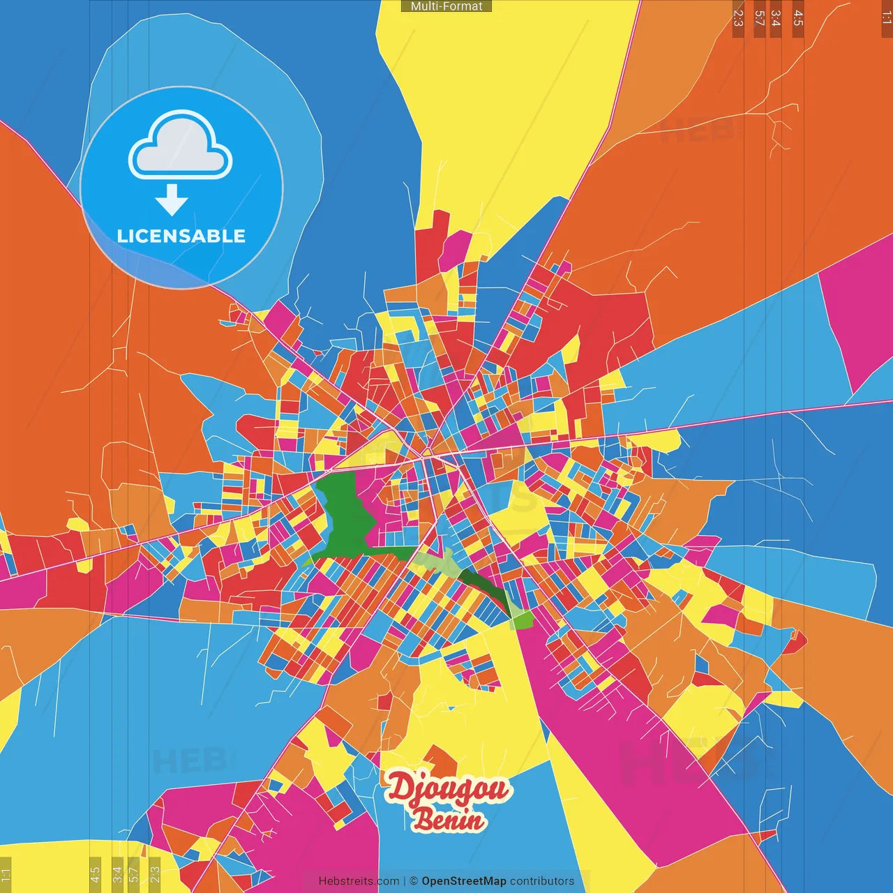 Djougou, Benin Crazy Colorful Street Map Poster Template