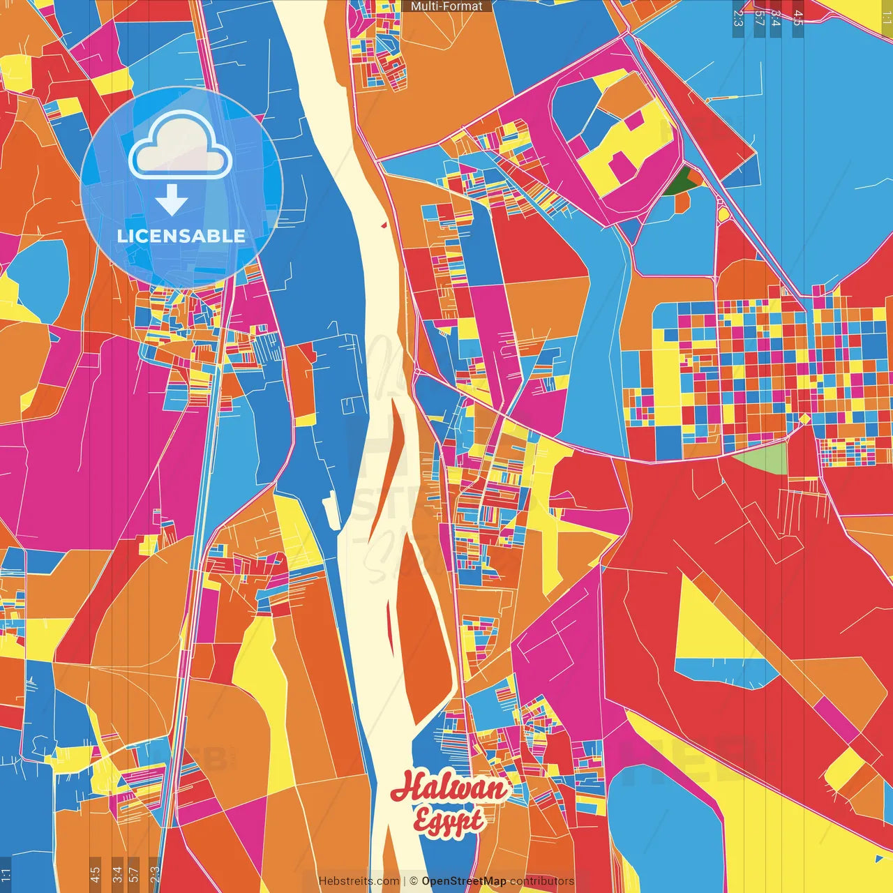 Halwan, Egypt Crazy Colorful Street Map Poster Template