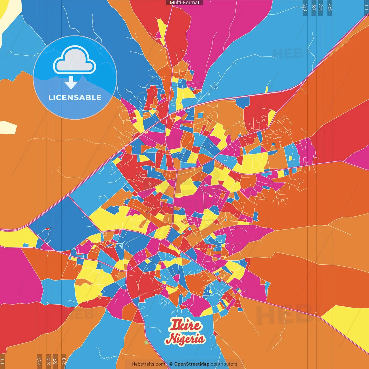 Ikire, Nigeria Crazy Colorful Street Map Poster Template