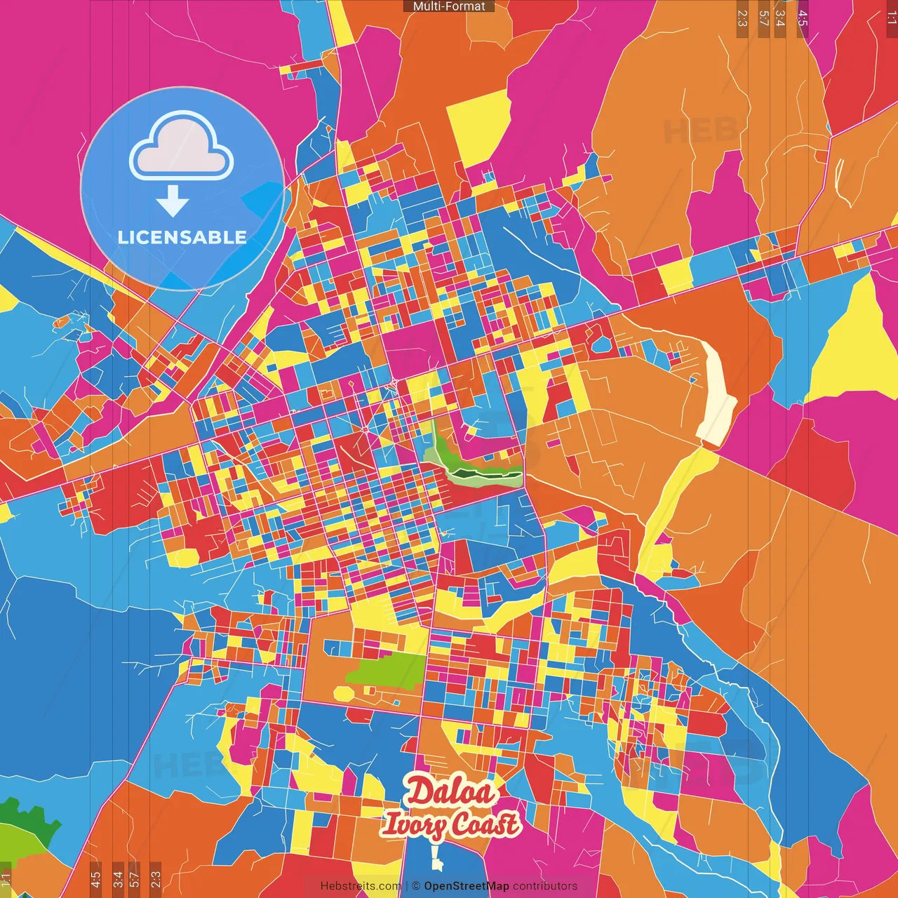 Daloa, Ivory Coast Crazy Colorful Street Map Poster Template