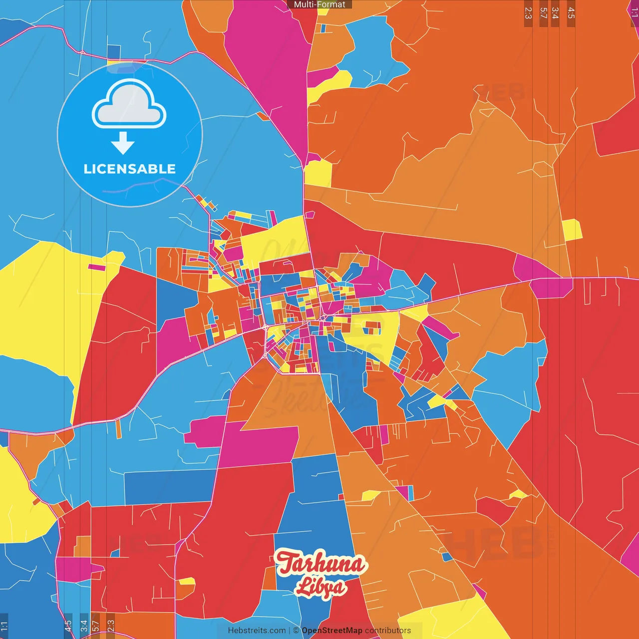 Tarhuna, Libya Crazy Colorful Street Map Poster Template