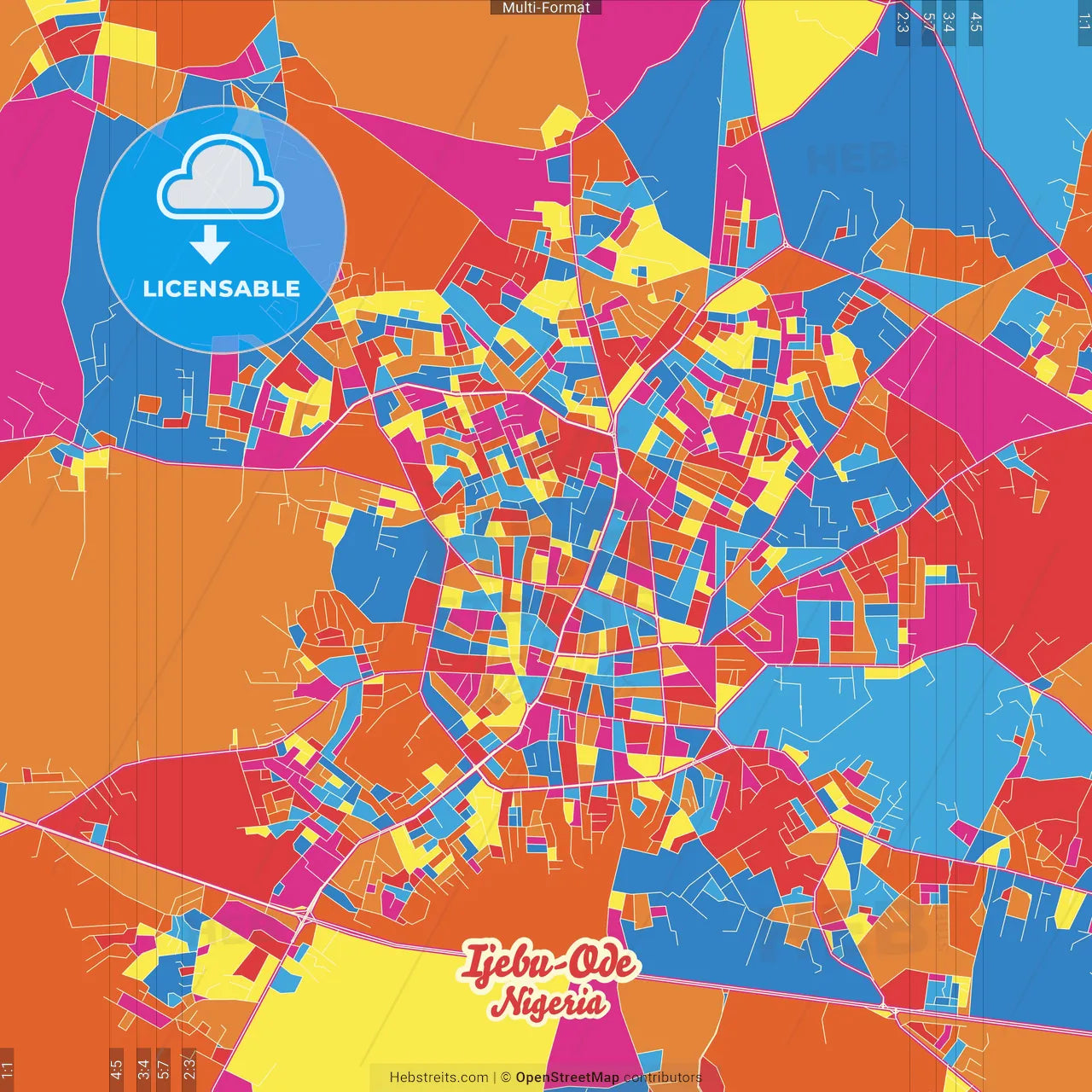 Ijebu-Ode, Nigeria Crazy Colorful Street Map Poster Template