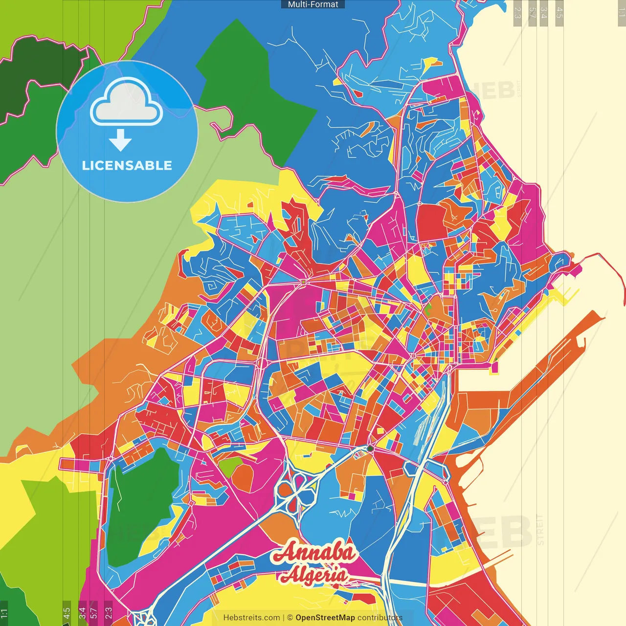 Annaba, Algeria Crazy Colorful Street Map Poster Template