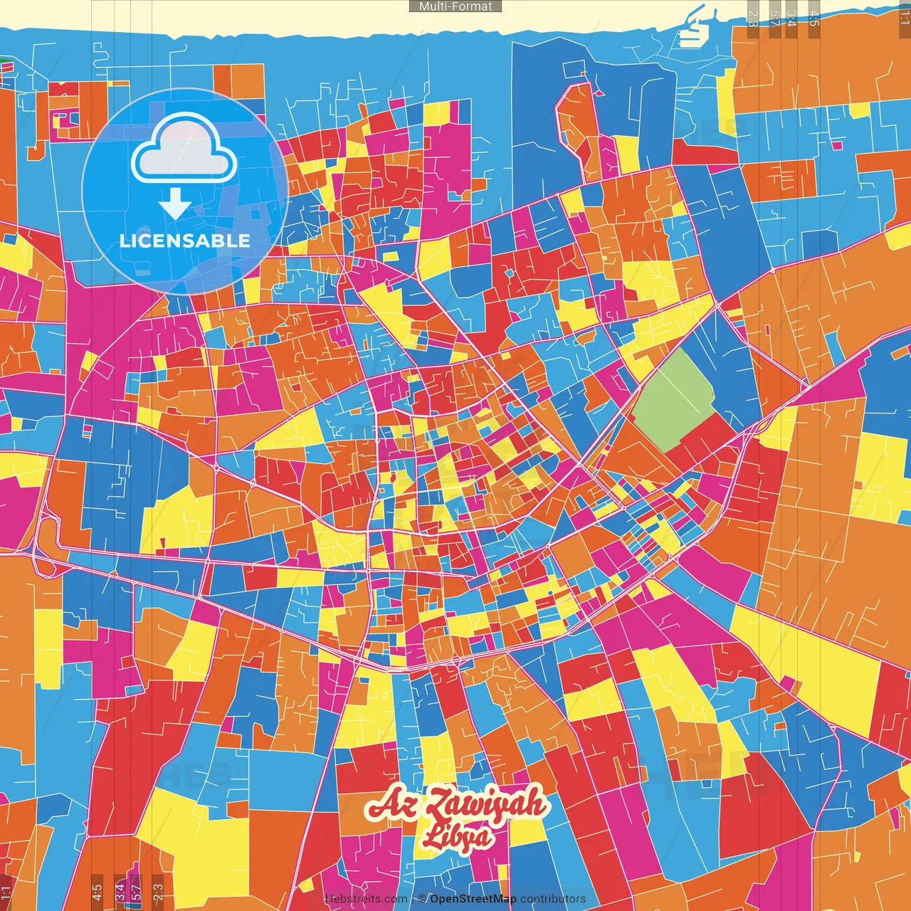 Az Zawiyah, Libya Crazy Colorful Street Map Poster Template