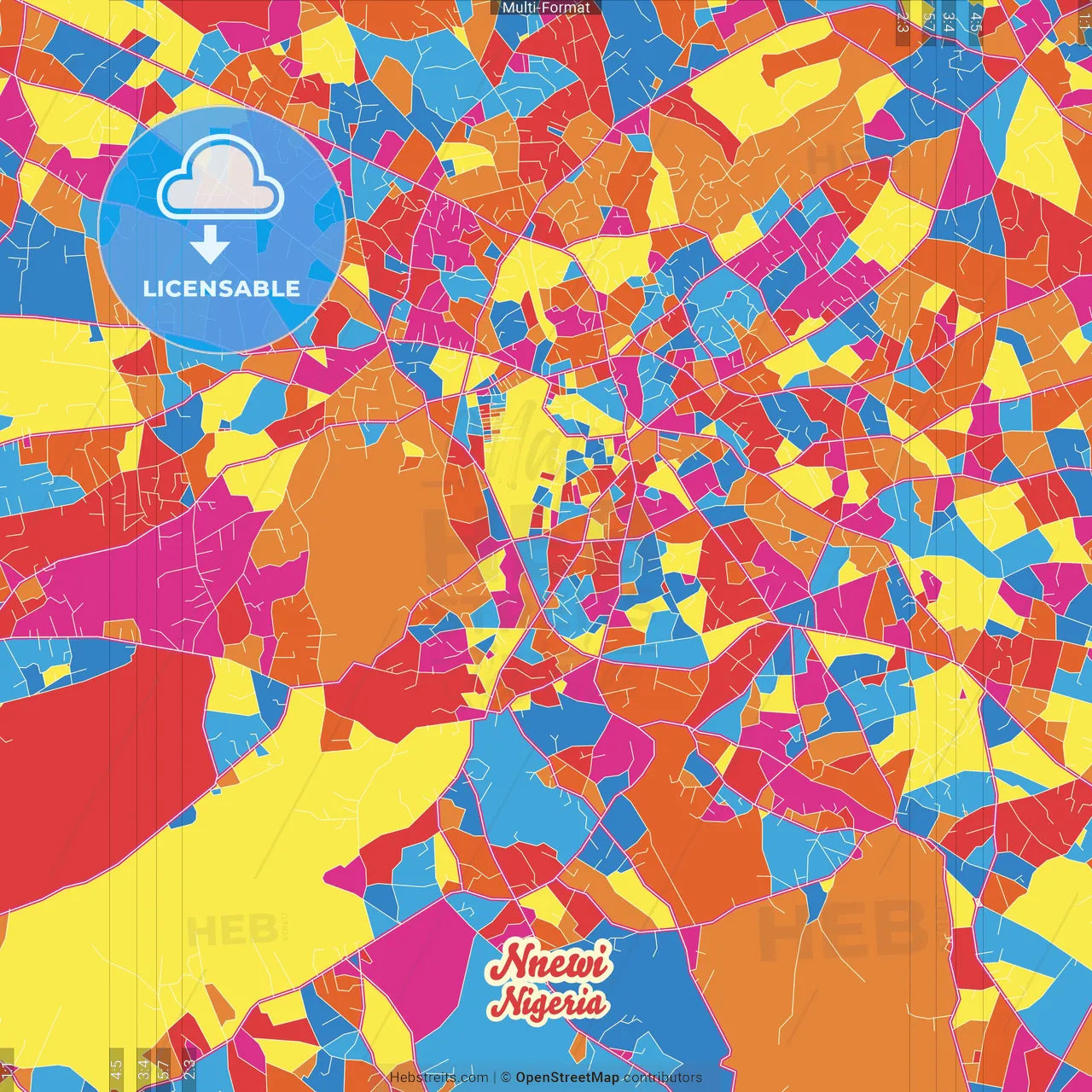 Nnewi, Nigeria Crazy Colorful Street Map Poster Template