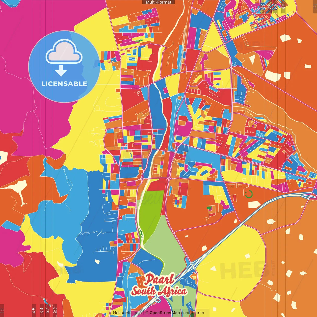 Paarl, South Africa Crazy Colorful Street Map Poster Template