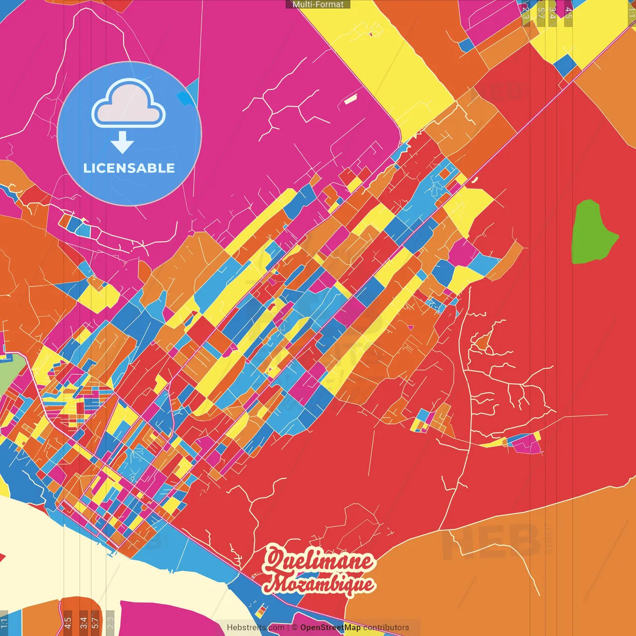 Quelimane, Mozambique Crazy Colorful Street Map Poster Template