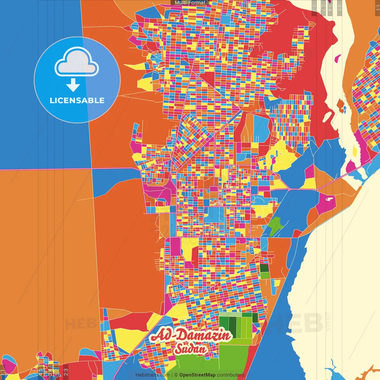 Ad-Damazin, Sudan Crazy Colorful Street Map Poster Template