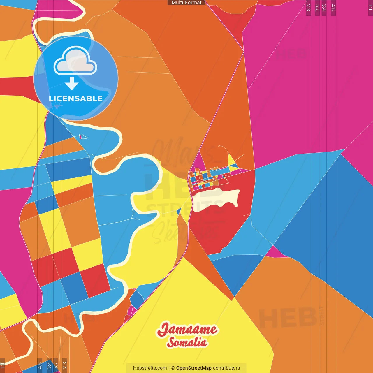 Jamaame, Somalia Crazy Colorful Street Map Poster Template