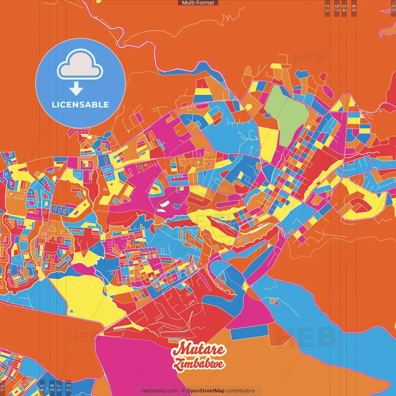 Mutare, Zimbabwe Crazy Colorful Street Map Poster Template