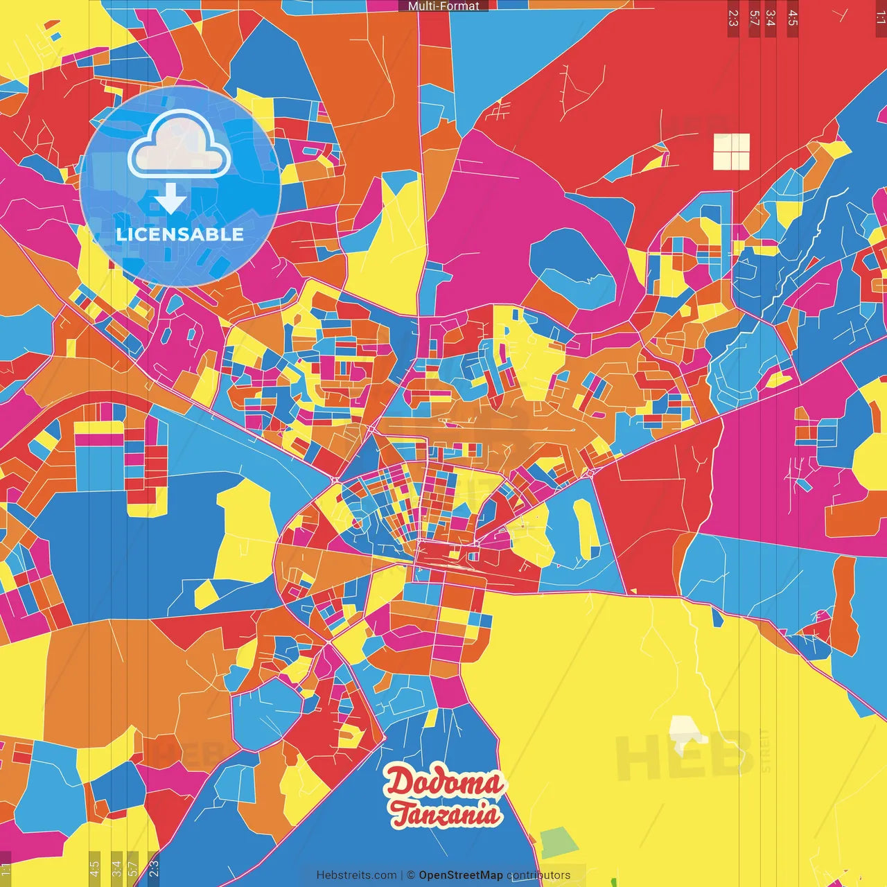 Dodoma, Tanzania Crazy Colorful Street Map Poster Template