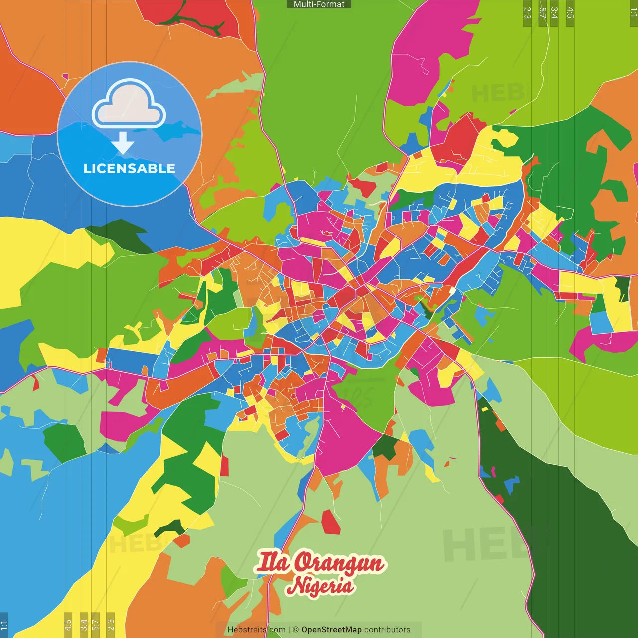 Ila Orangun, Nigeria Crazy Colorful Street Map Poster Template