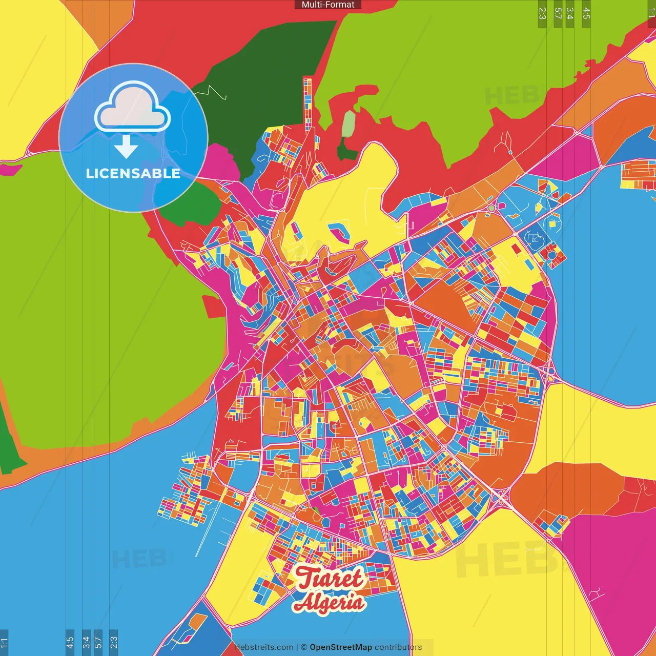Tiaret, Algeria Crazy Colorful Street Map Poster Template