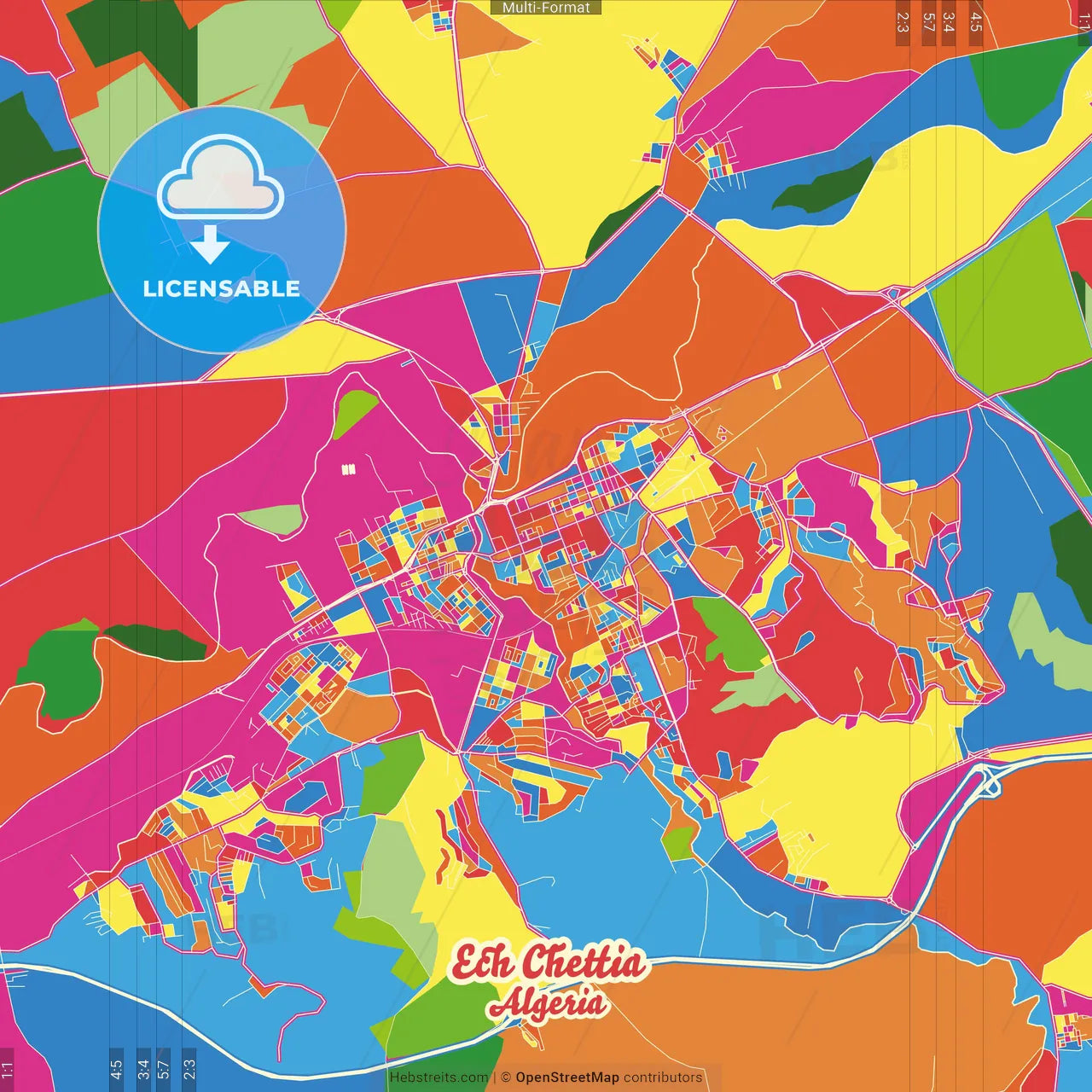 Ech Chettia, Algeria Crazy Colorful Street Map Poster Template