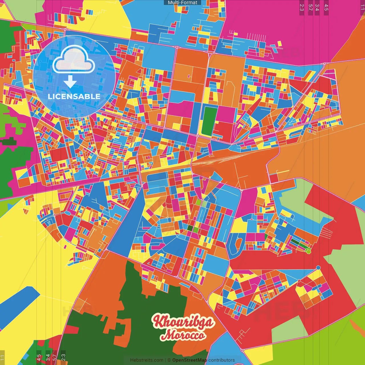 Khouribga, Morocco Crazy Colorful Street Map Poster Template