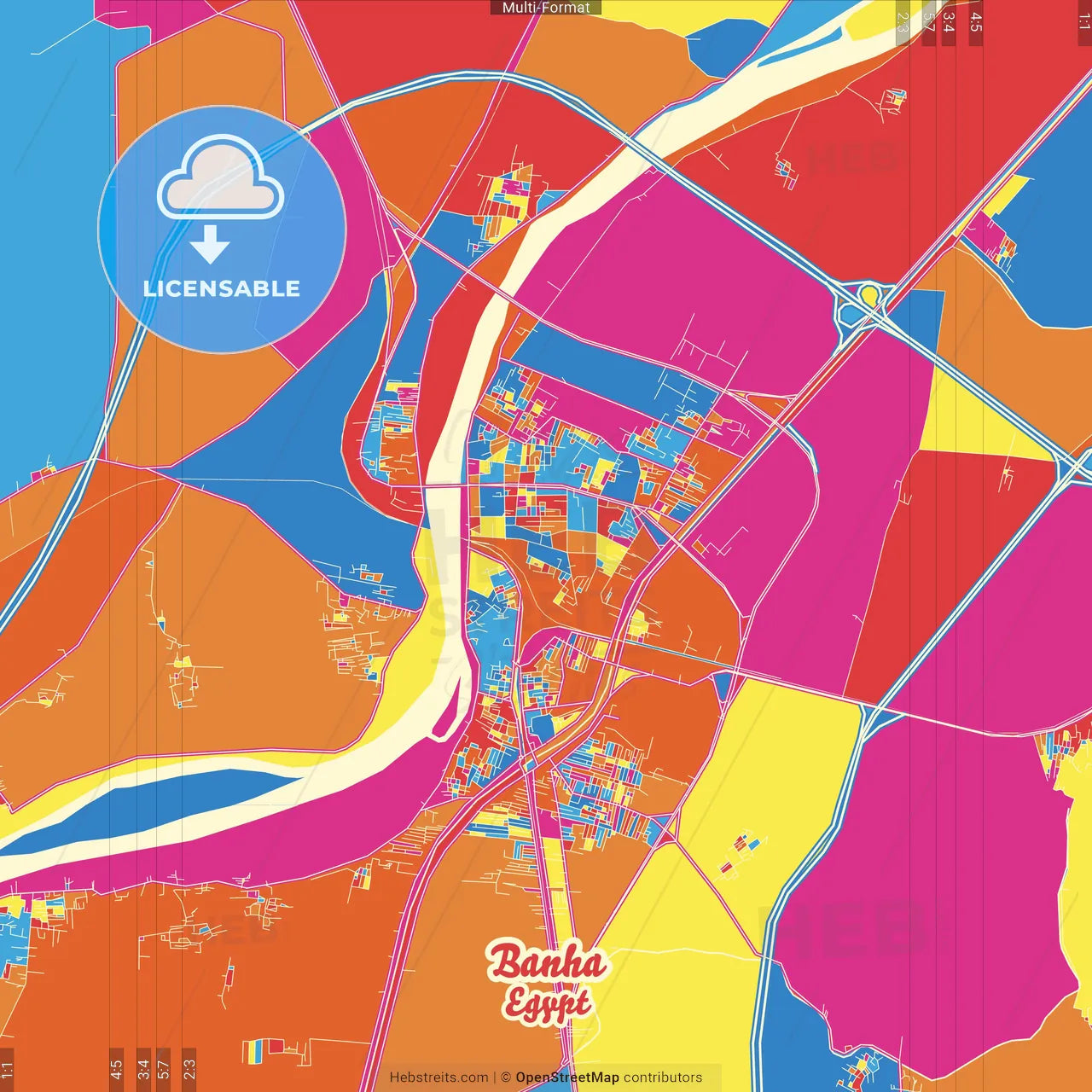 Banha, Egypt Crazy Colorful Street Map Poster Template