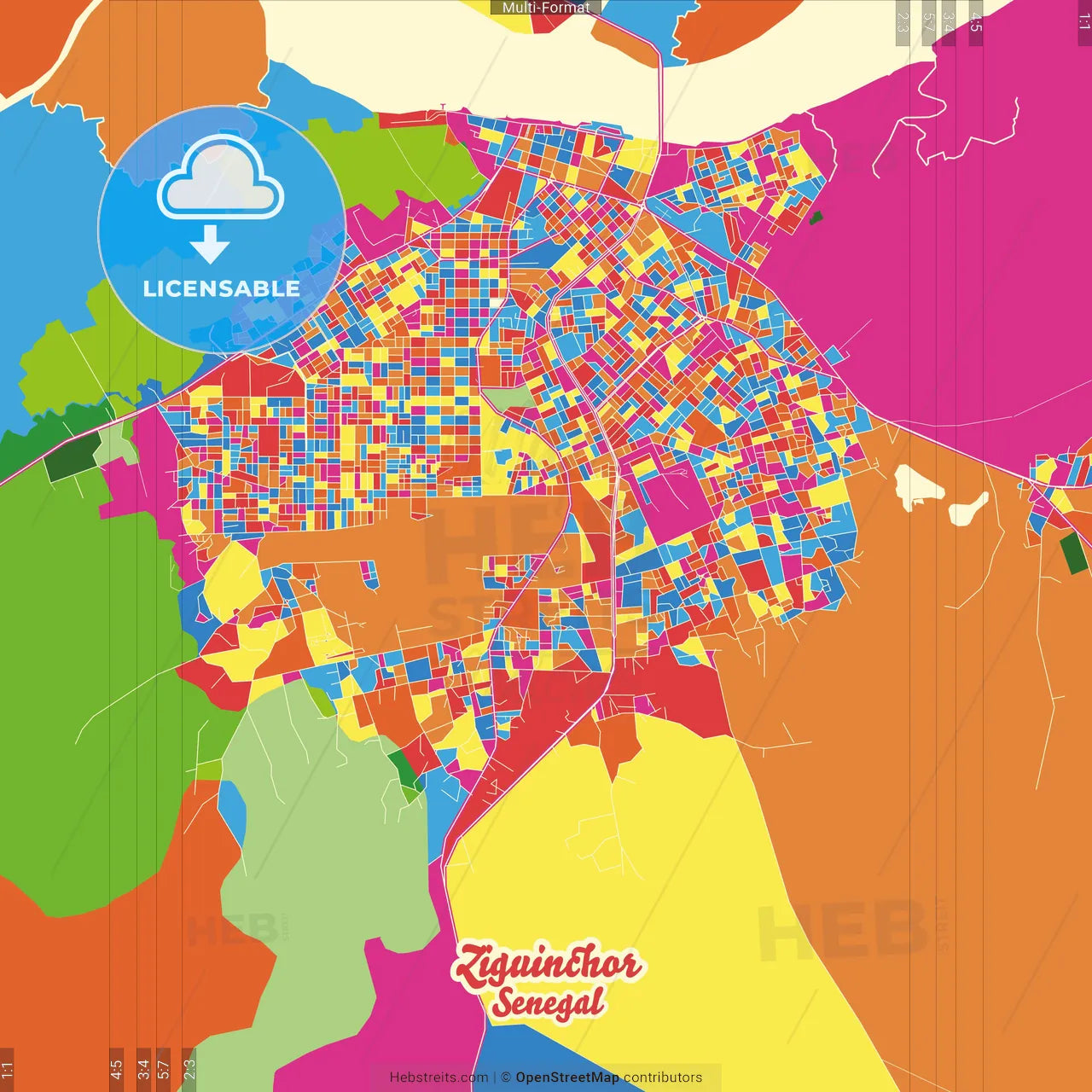 Ziguinchor, Senegal Crazy Colorful Street Map Poster Template