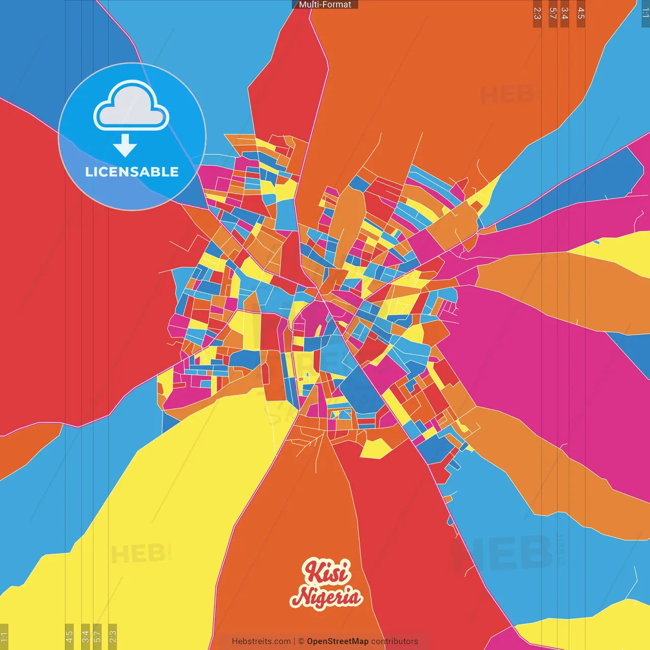 Kisi, Nigeria Crazy Colorful Street Map Poster Template