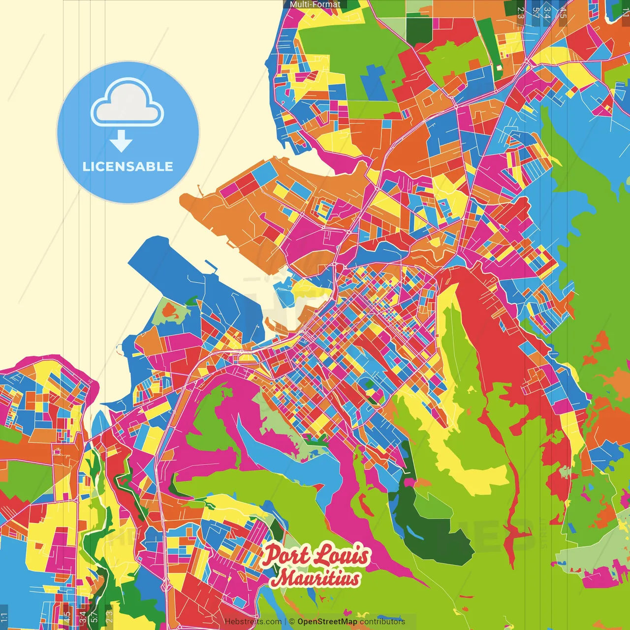 Port Louis, Mauritius Crazy Colorful Street Map Poster Template