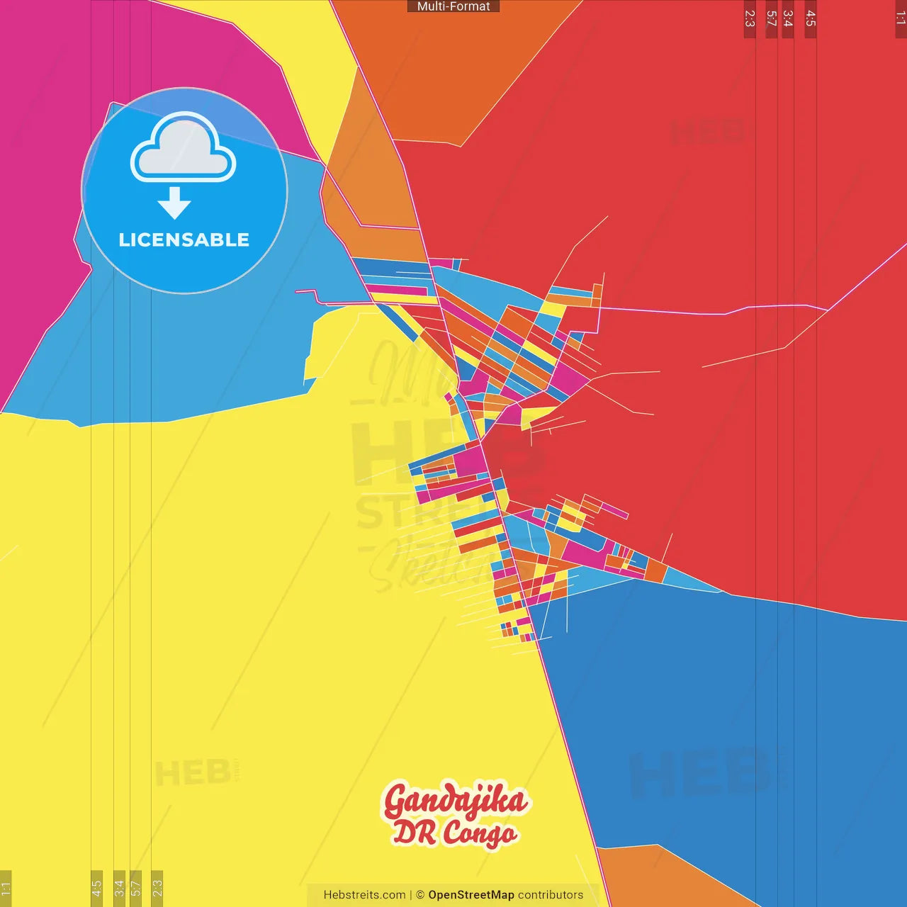 Gandajika, DR Congo Crazy Colorful Street Map Poster Template