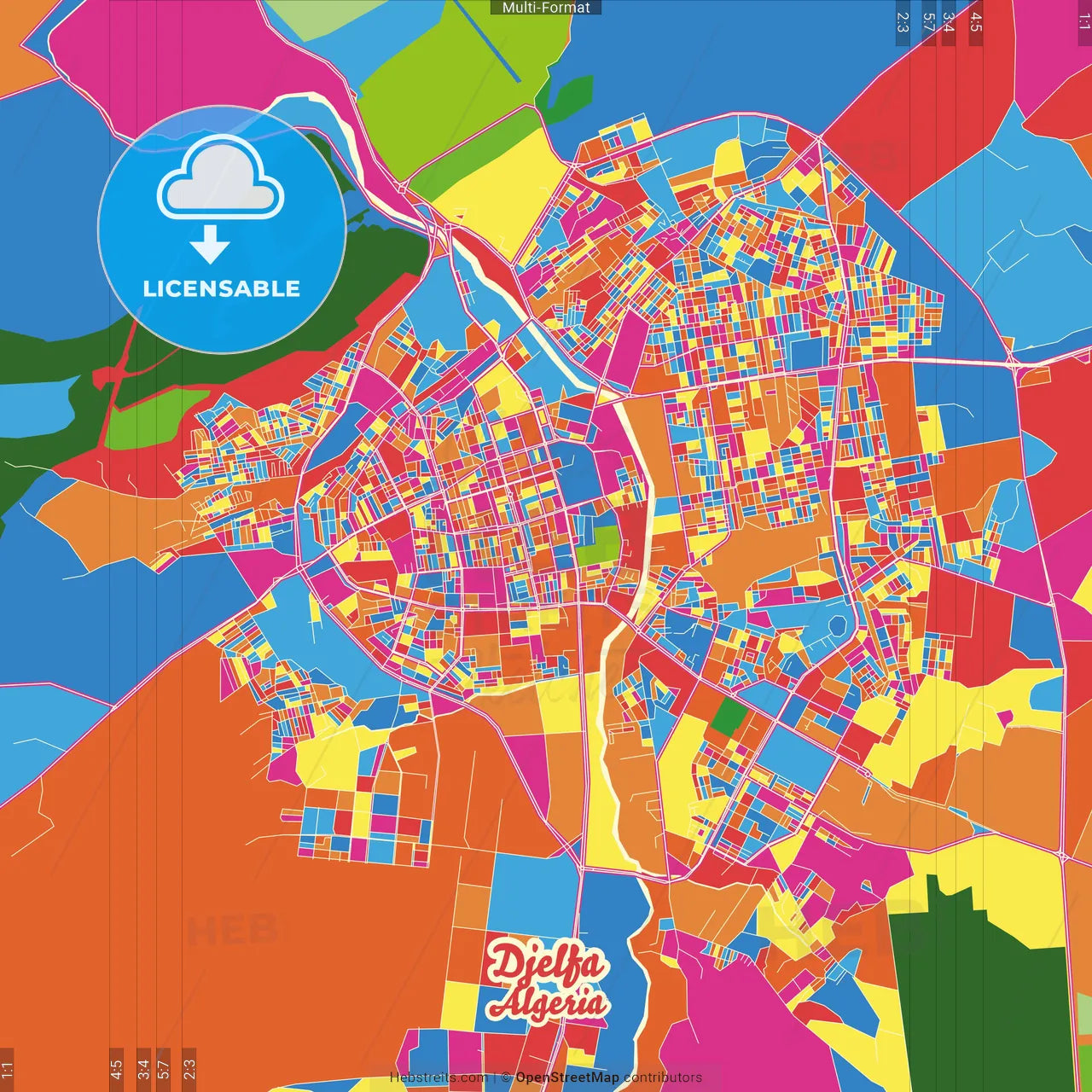 Djelfa, Algeria Crazy Colorful Street Map Poster Template