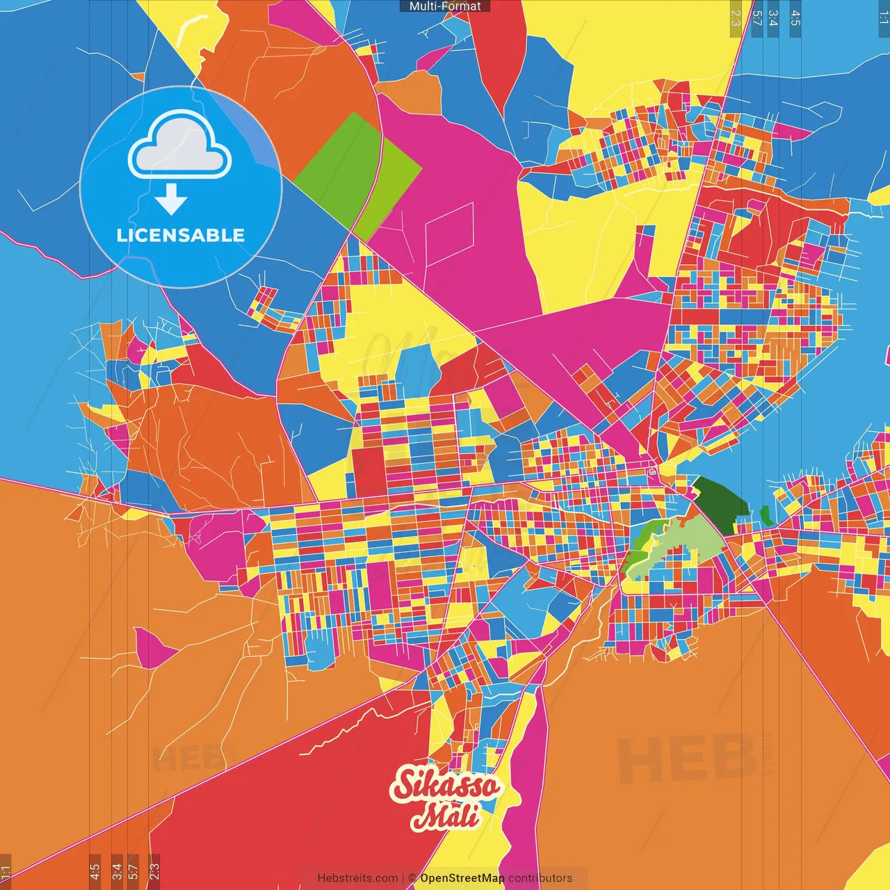 Sikasso, Mali Crazy Colorful Street Map Poster Template