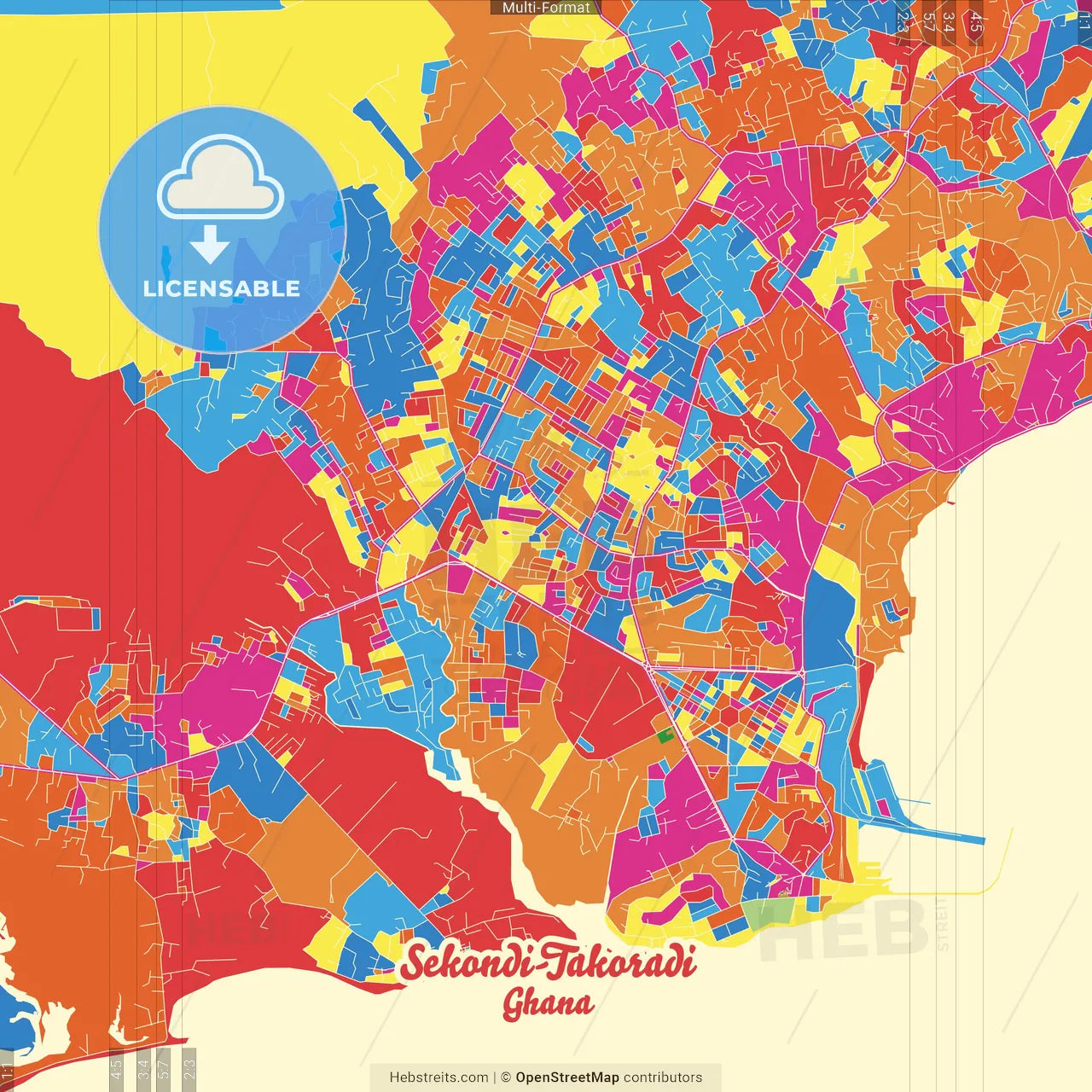 Sekondi-Takoradi, Ghana Crazy Colorful Street Map Poster Template