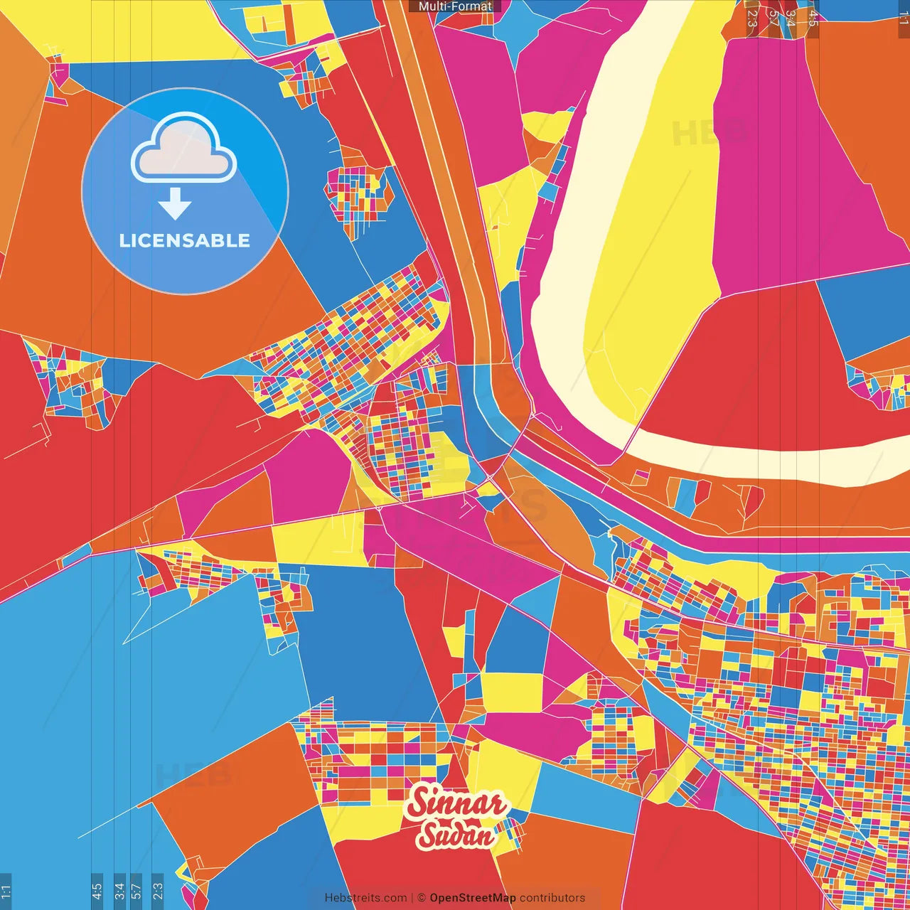 Sinnar, Sudan Crazy Colorful Street Map Poster Template