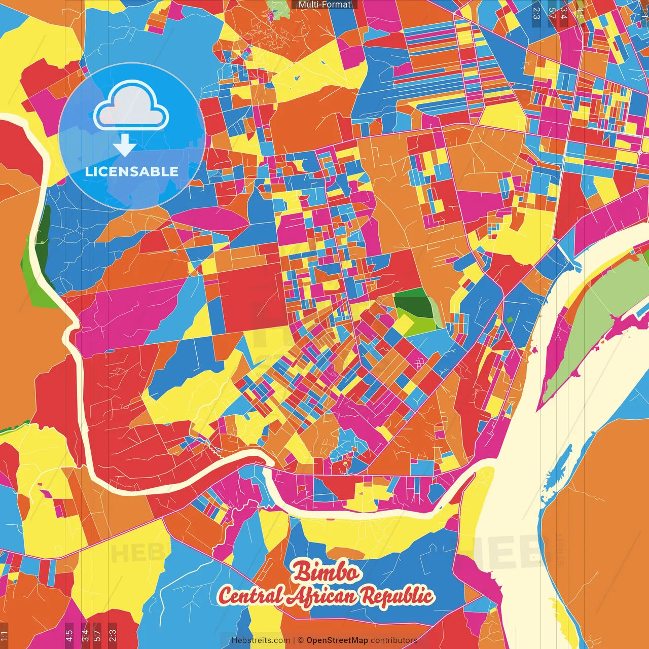 Bimbo, Central African Republic Crazy Colorful Street Map Poster Template