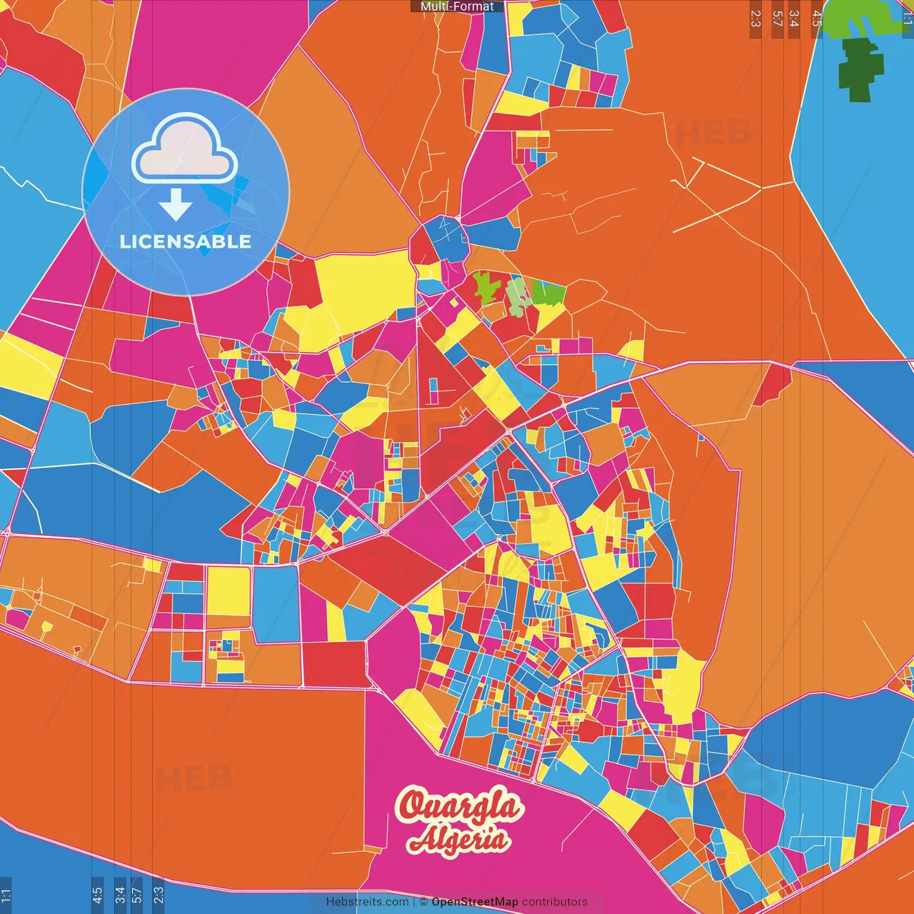 Ouargla, Algeria Crazy Colorful Street Map Poster Template