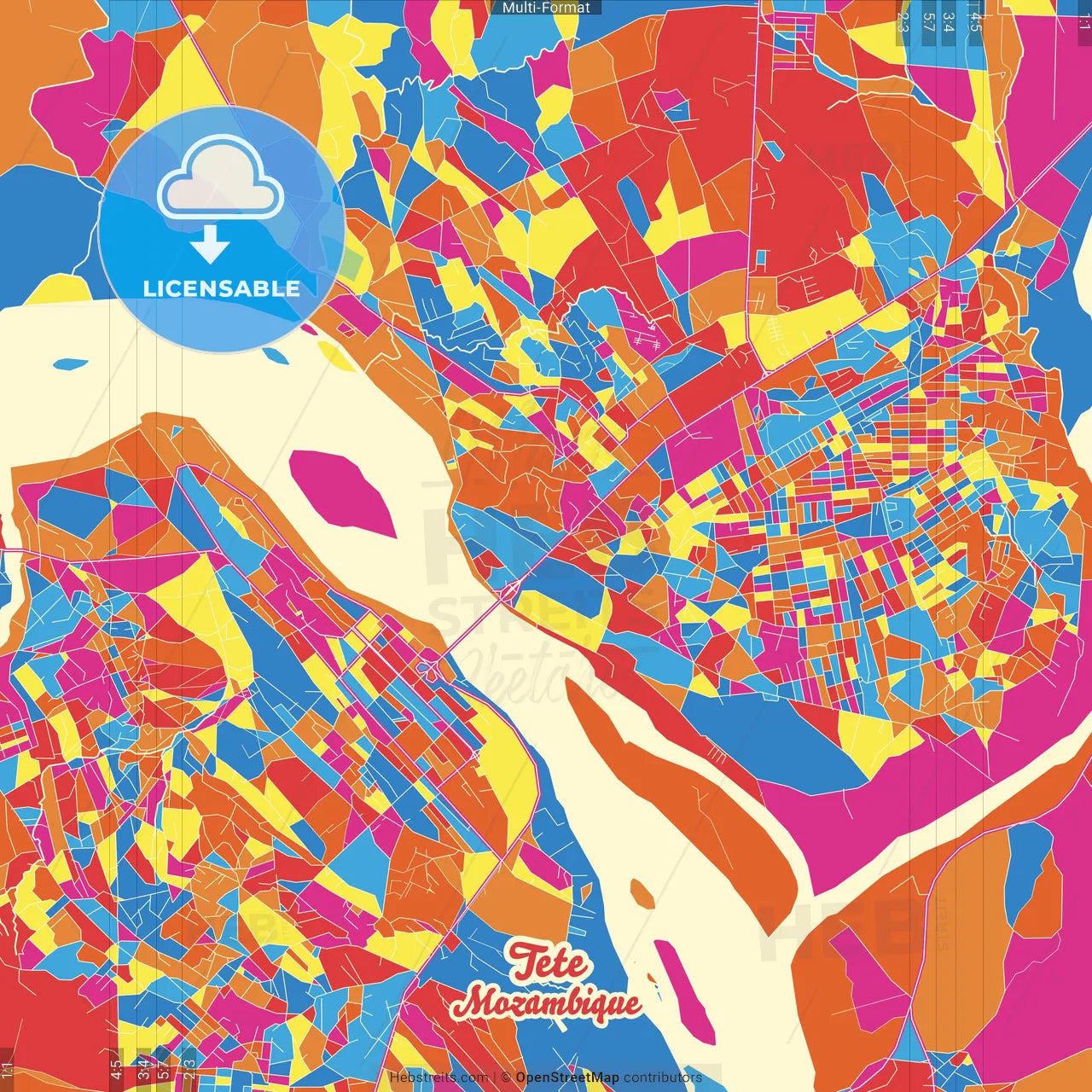 Tete, Mozambique Crazy Colorful Street Map Poster Template