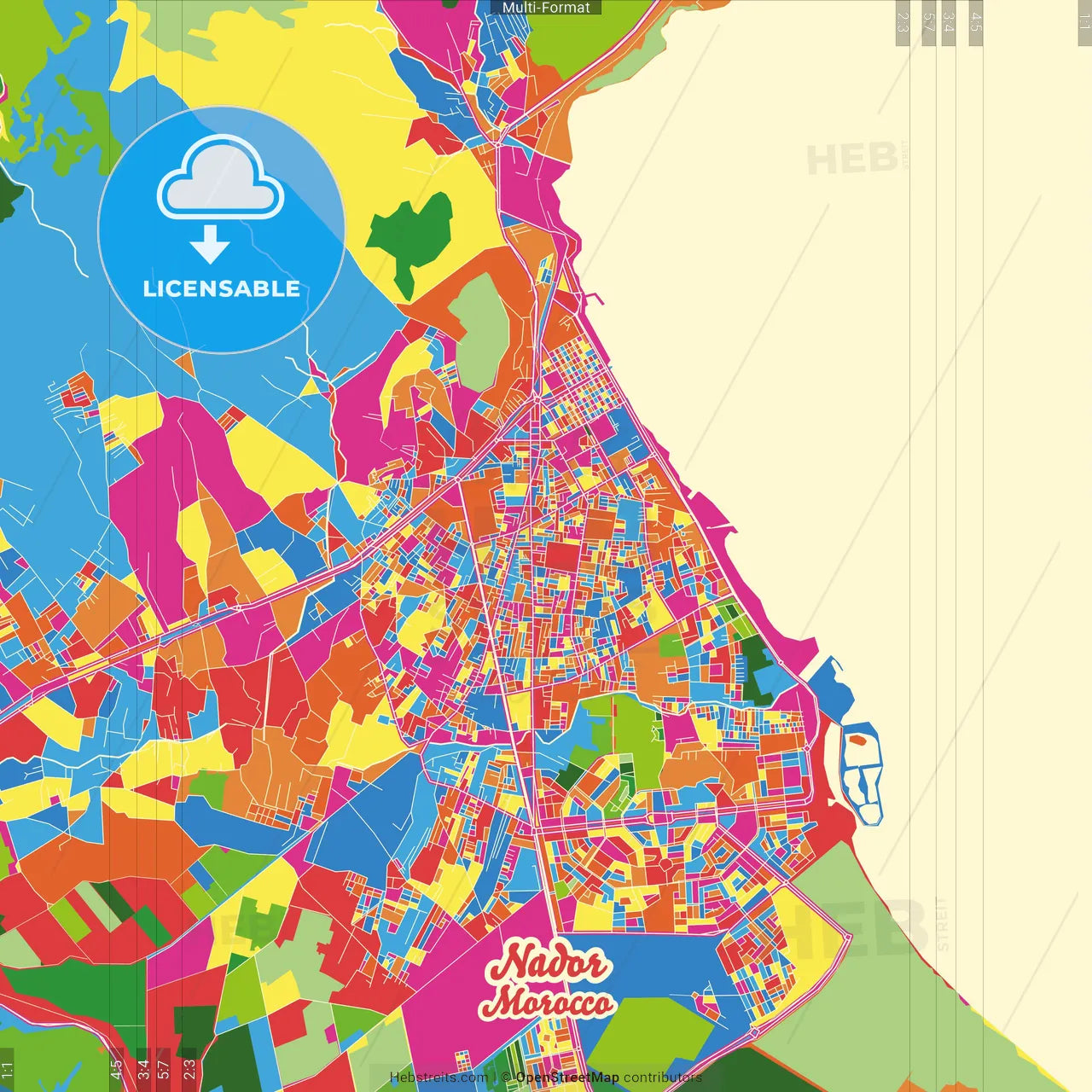 Nador, Morocco Crazy Colorful Street Map Poster Template