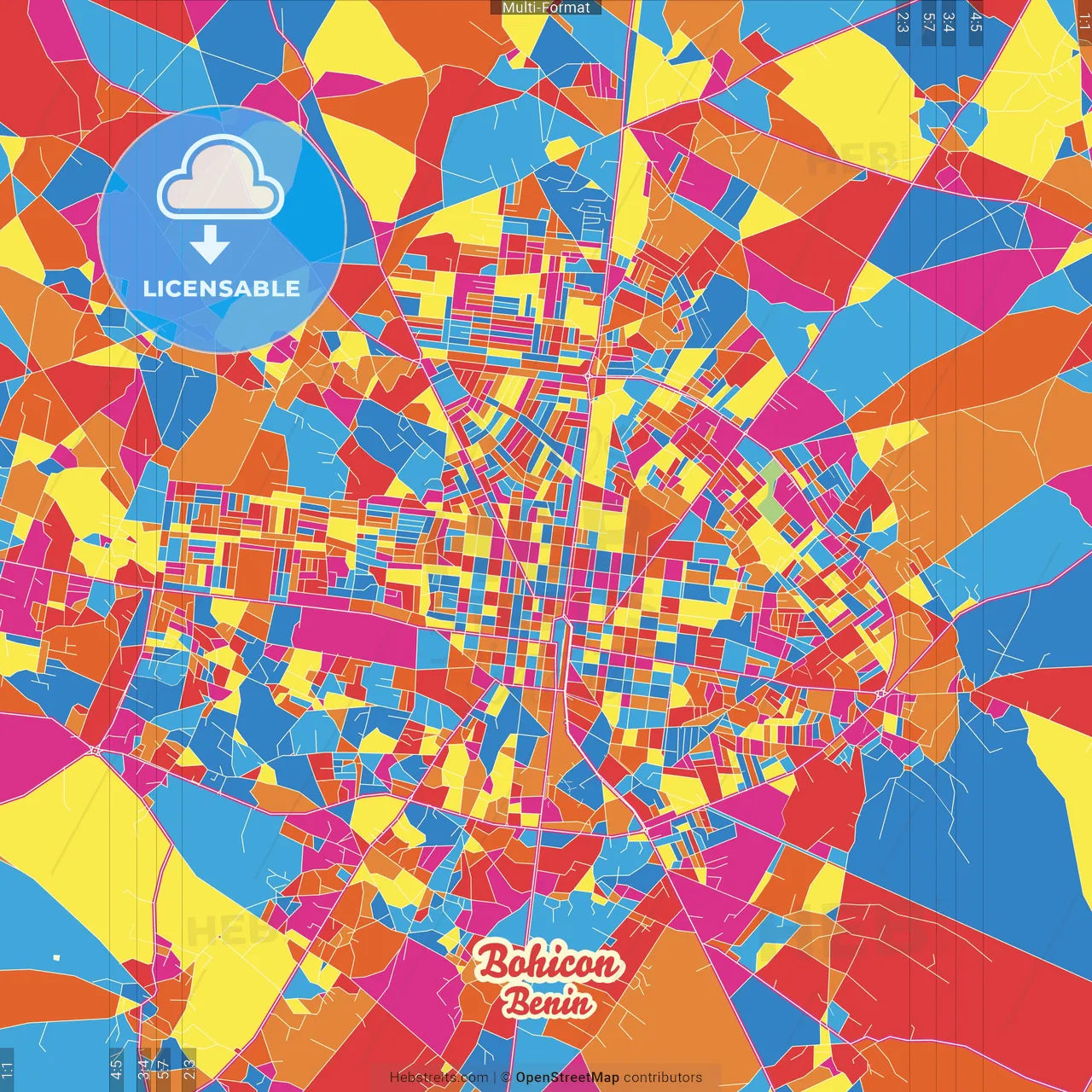Bohicon, Benin Crazy Colorful Street Map Poster Template