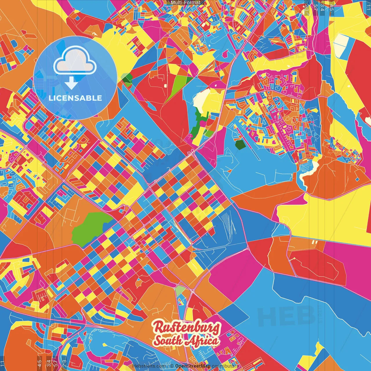 Rustenburg, South Africa Crazy Colorful Street Map Poster Template