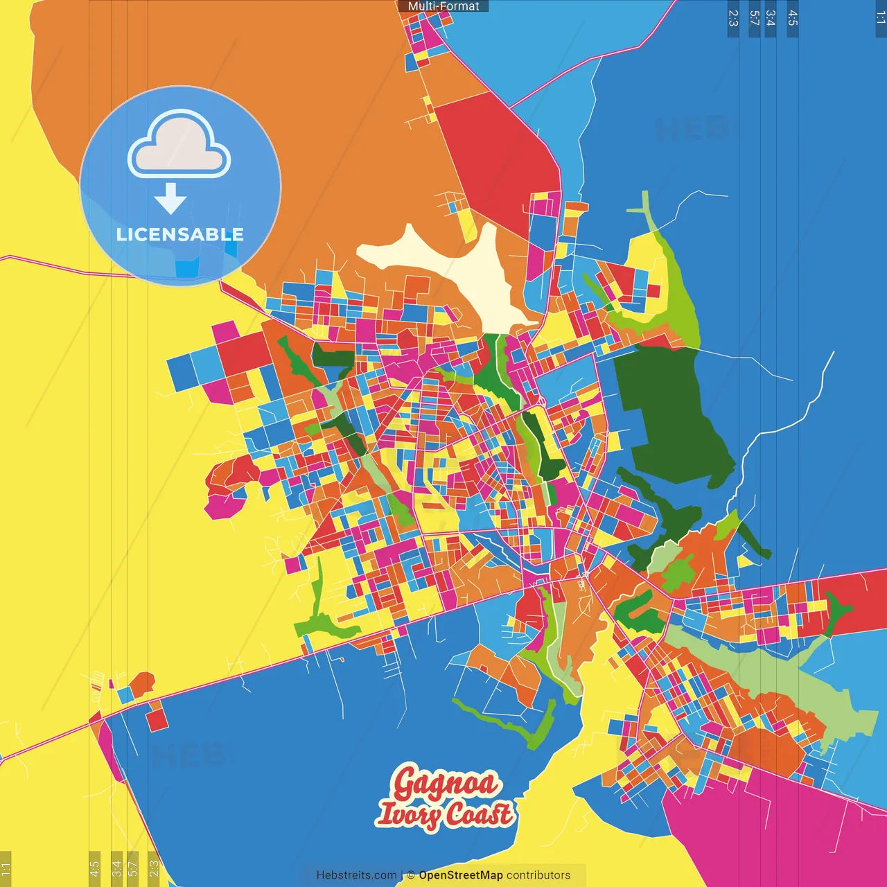 Gagnoa, Ivory Coast Crazy Colorful Street Map Poster Template