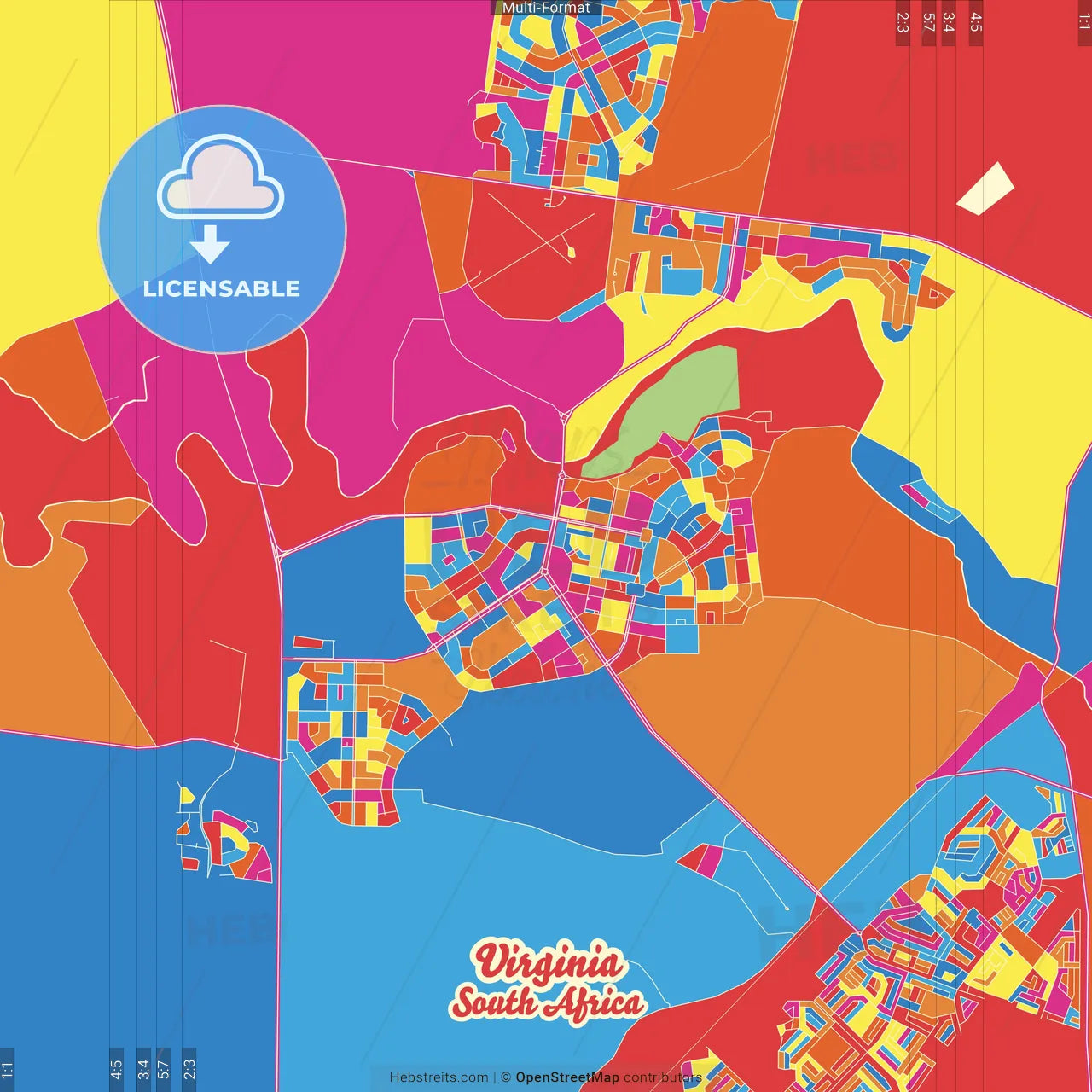 Virginia, South Africa Crazy Colorful Street Map Poster Template