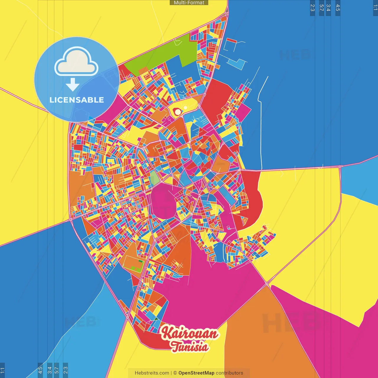 Kairouan, Tunisia Crazy Colorful Street Map Poster Template