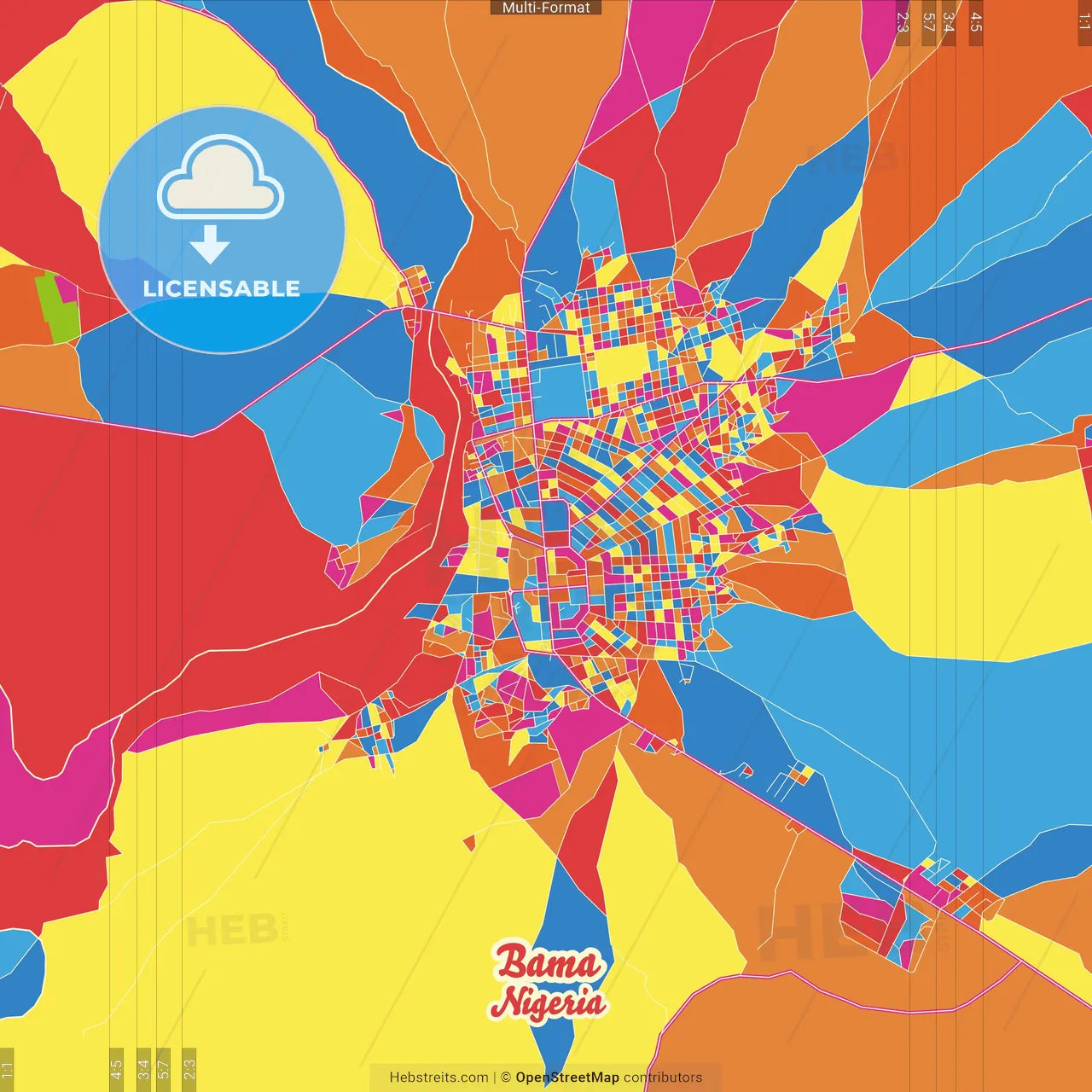 Bama, Nigeria Crazy Colorful Street Map Poster Template