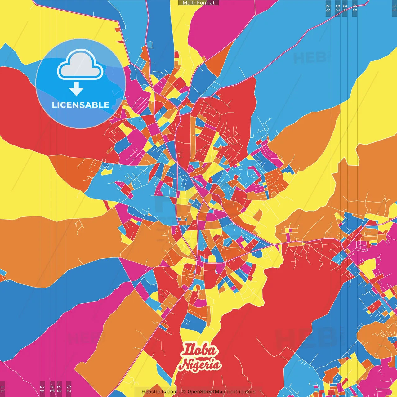 Ilobu, Nigeria Crazy Colorful Street Map Poster Template