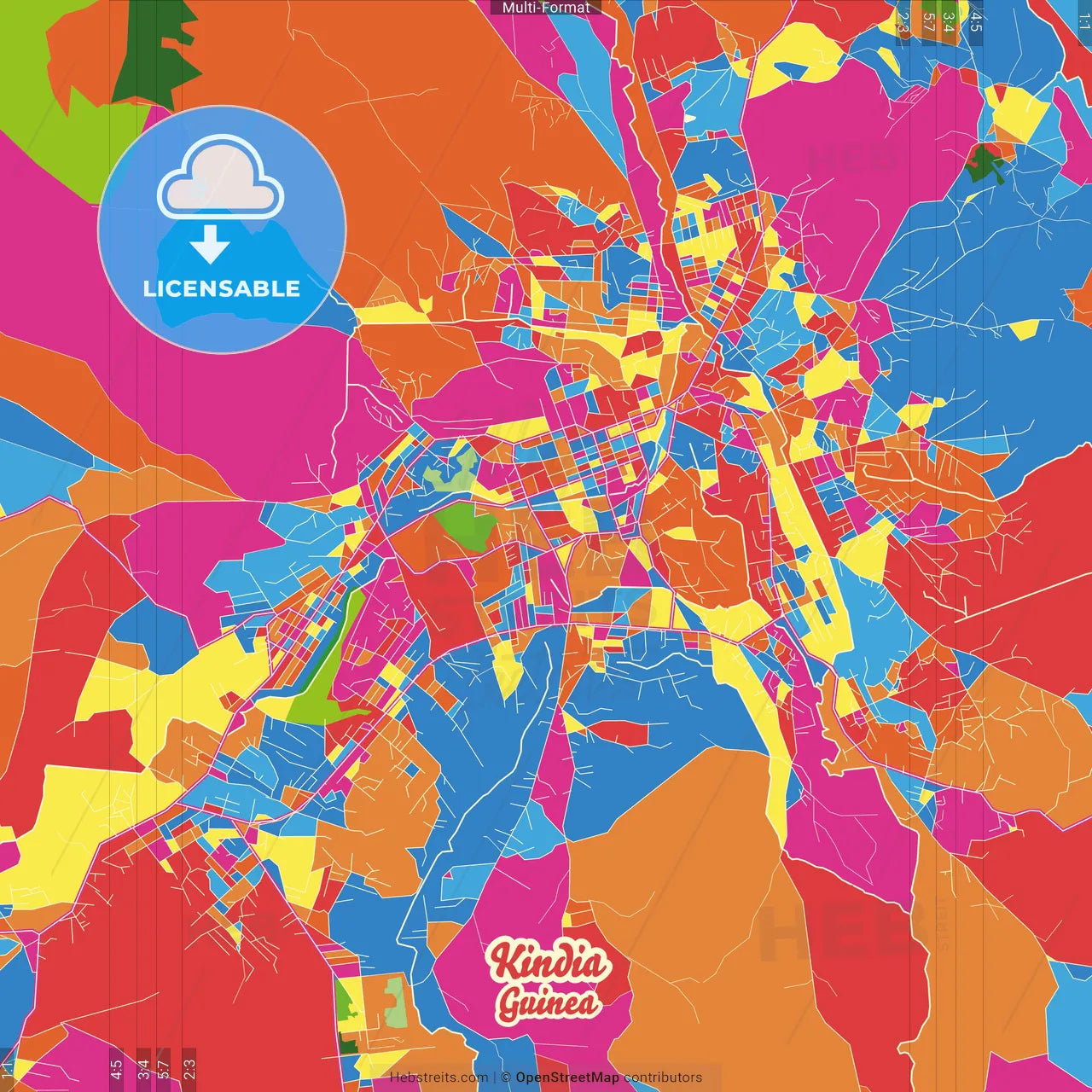 Kindia, Guinea Crazy Colorful Street Map Poster Template