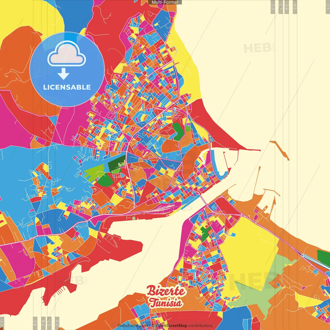 Bizerte, Tunisia Crazy Colorful Street Map Poster Template