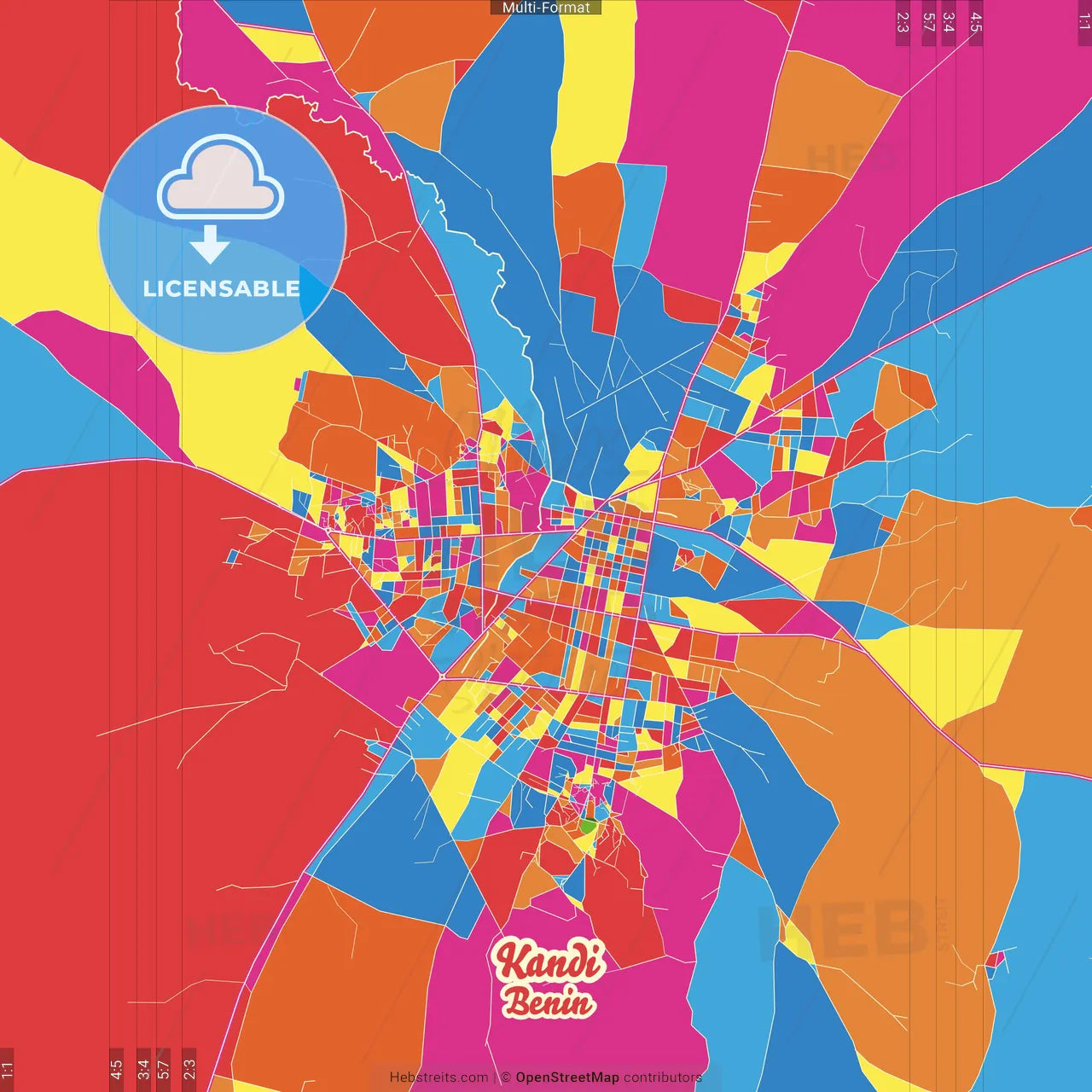 Kandi, Benin Crazy Colorful Street Map Poster Template