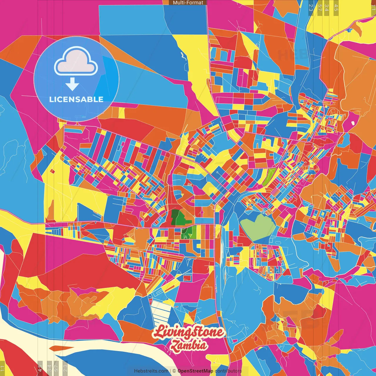 Livingstone, Zambia Crazy Colorful Street Map Poster Template