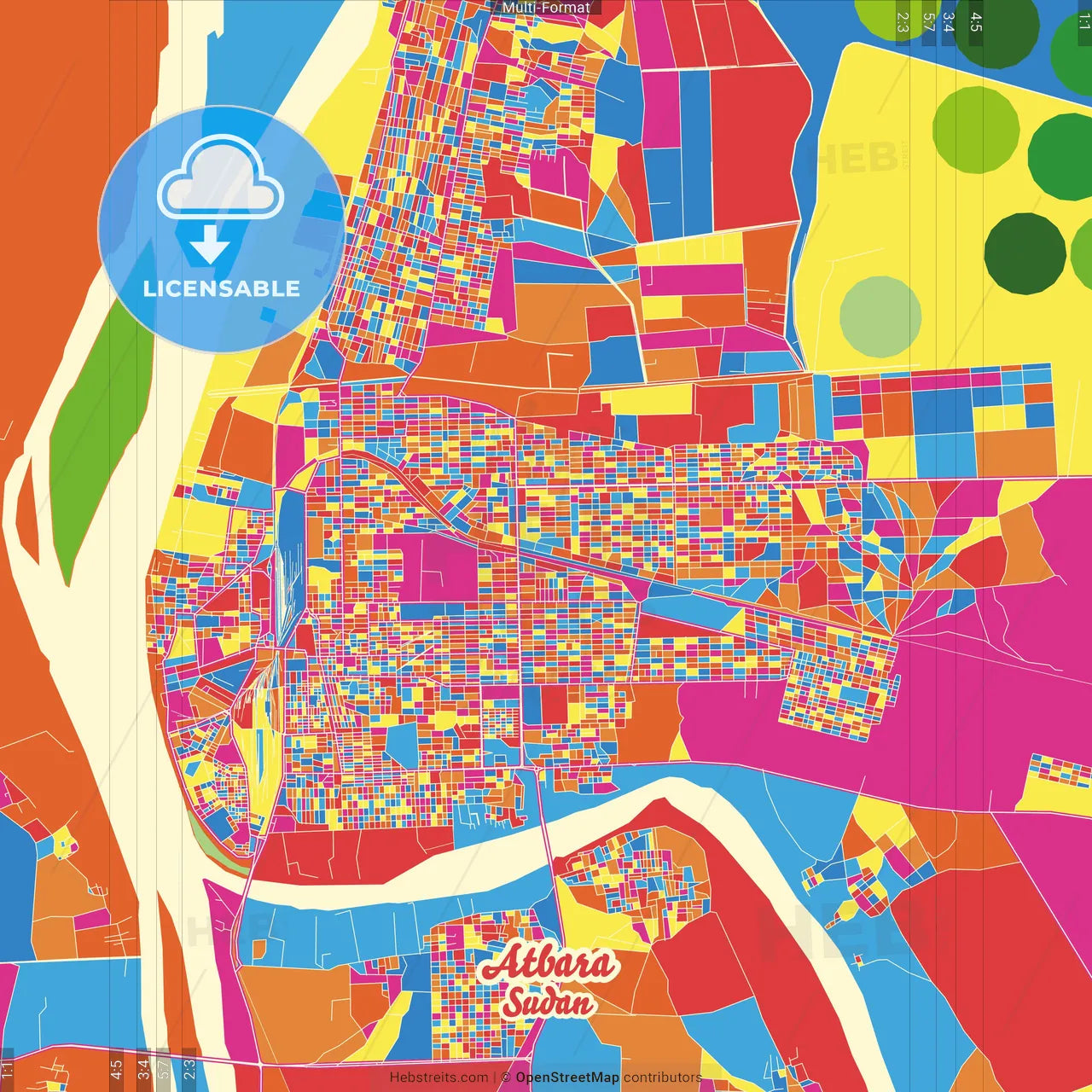 Atbara, Sudan Crazy Colorful Street Map Poster Template